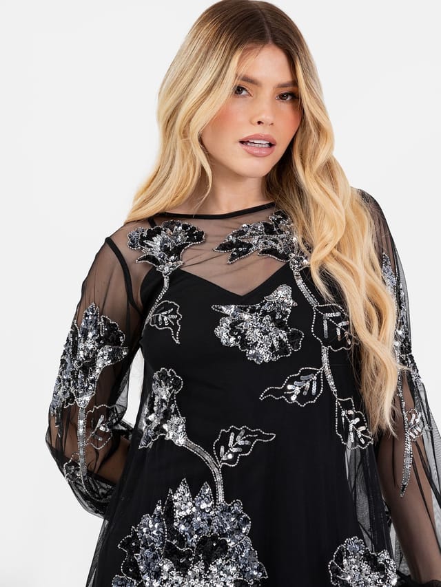 Maya Deluxe Maya Deluxe Women's Floral Embellished Long Sleeve Maxi Dress in Black - 2