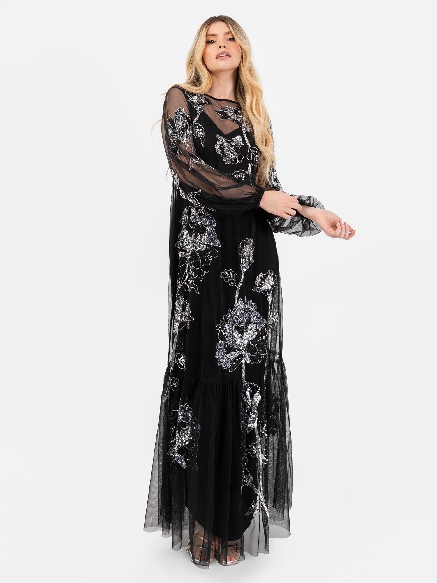 Maya Deluxe Maya Deluxe Women's Floral Embellished Long Sleeve Maxi Dress in Black - 3