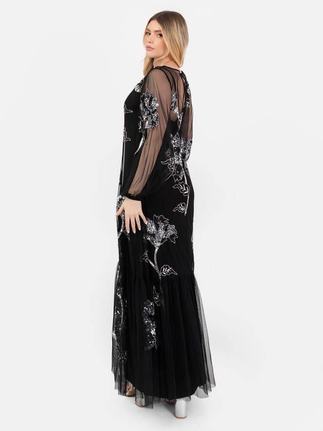 Maya Deluxe Maya Deluxe Women's Floral Embellished Long Sleeve Maxi Dress in Black - 3