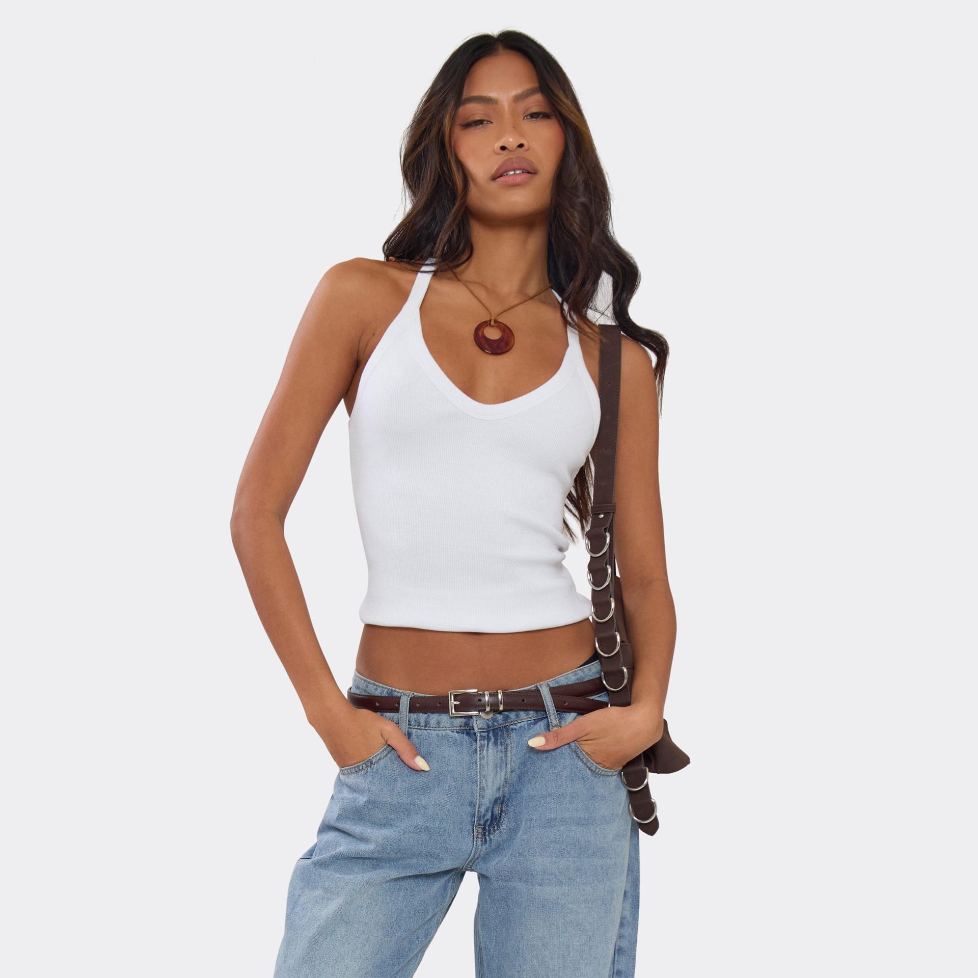 EGO White Ribbed Plunge Halterneck Top