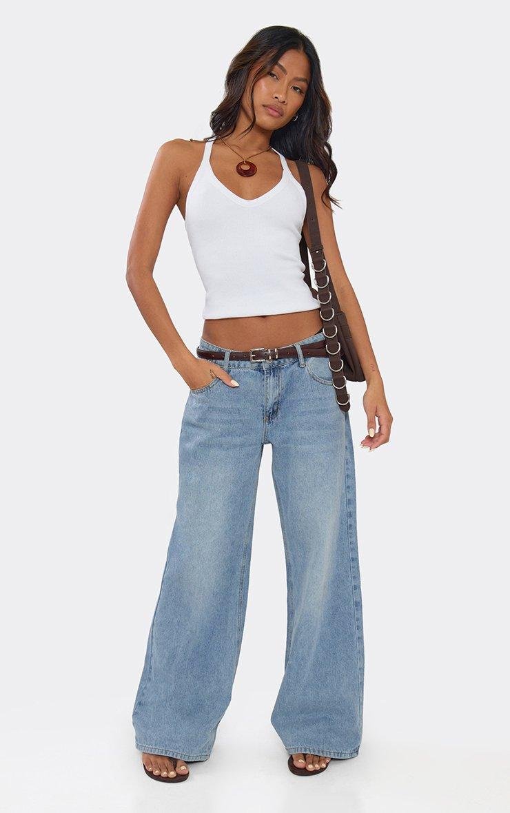 EGO Plunge Halterneck Basic Top In White Ribbed, Women's Size UK 6 - 2