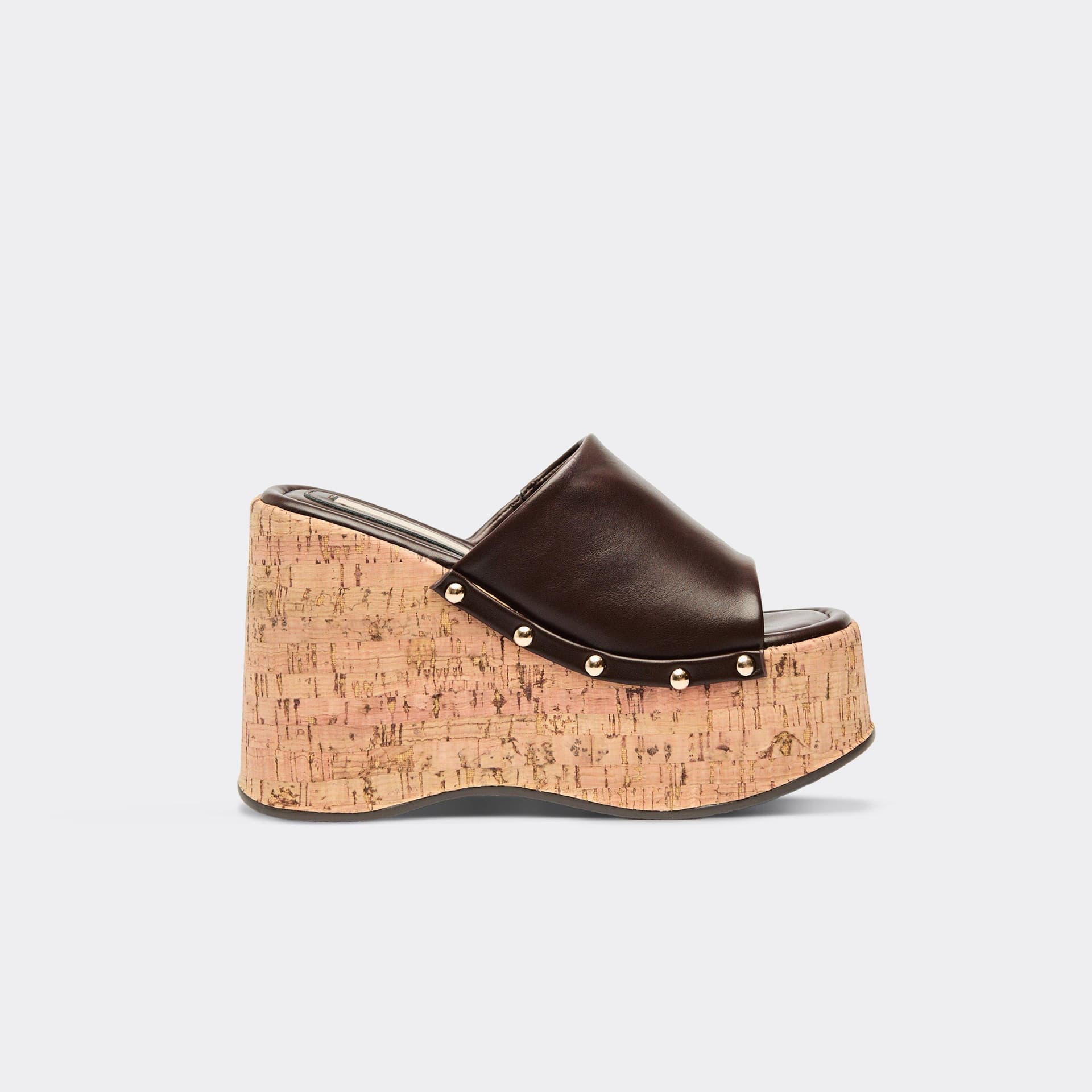 EGO Rosie Stud Detail Cork Platform Wedge Heeled Mule In Brown Faux Leather, Women's Size UK 3