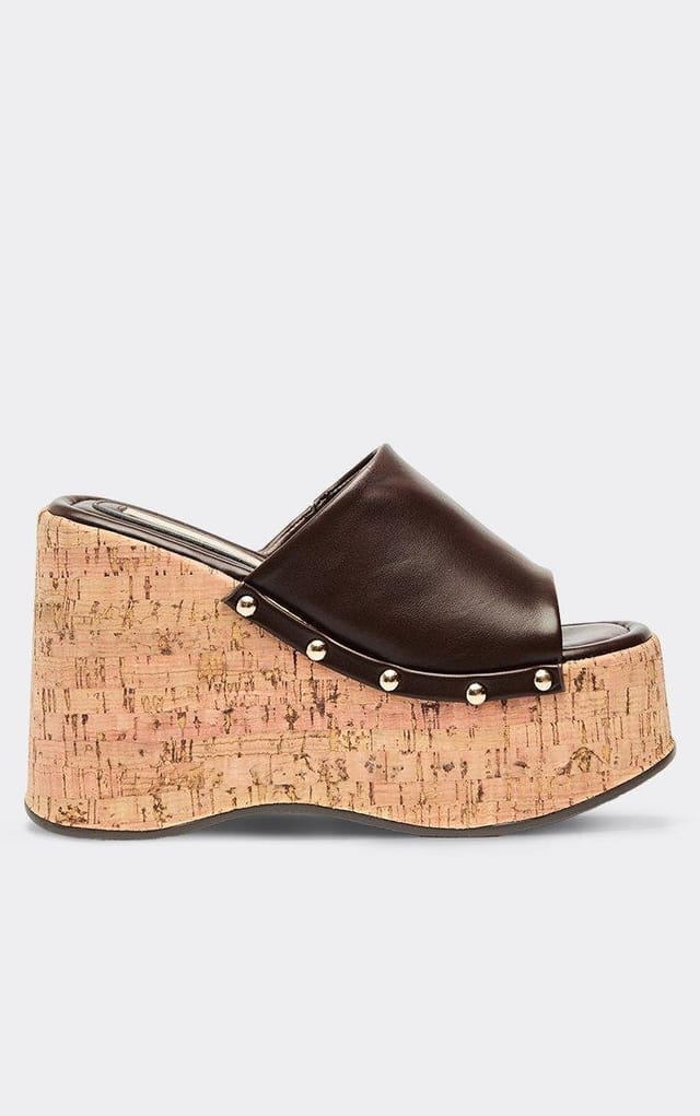 EGO Rosie Stud Detail Cork Platform Wedge Heeled Mule In Brown Faux Leather, Women's Size UK 3 - 2