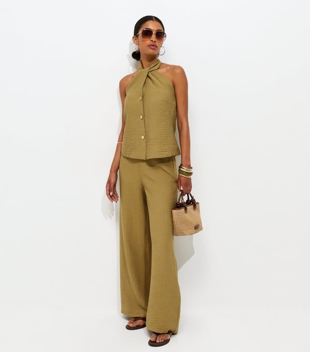 New Look Women's Light Khaki Crinkle Wide Leg Trousers New Look - 3