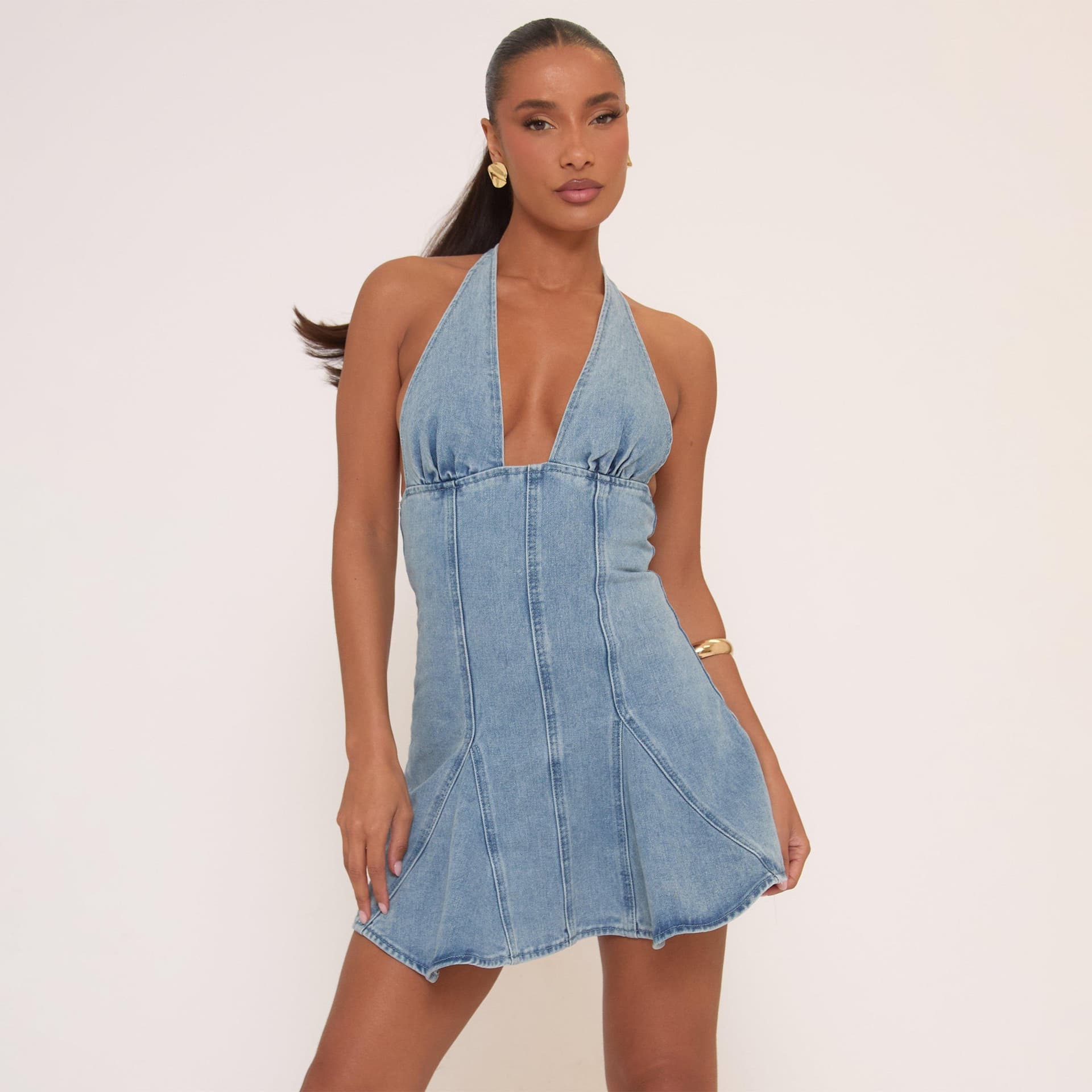 EGO Plunge Neck Skater Mini Dress In Blue Denim, Women's Size UK 6