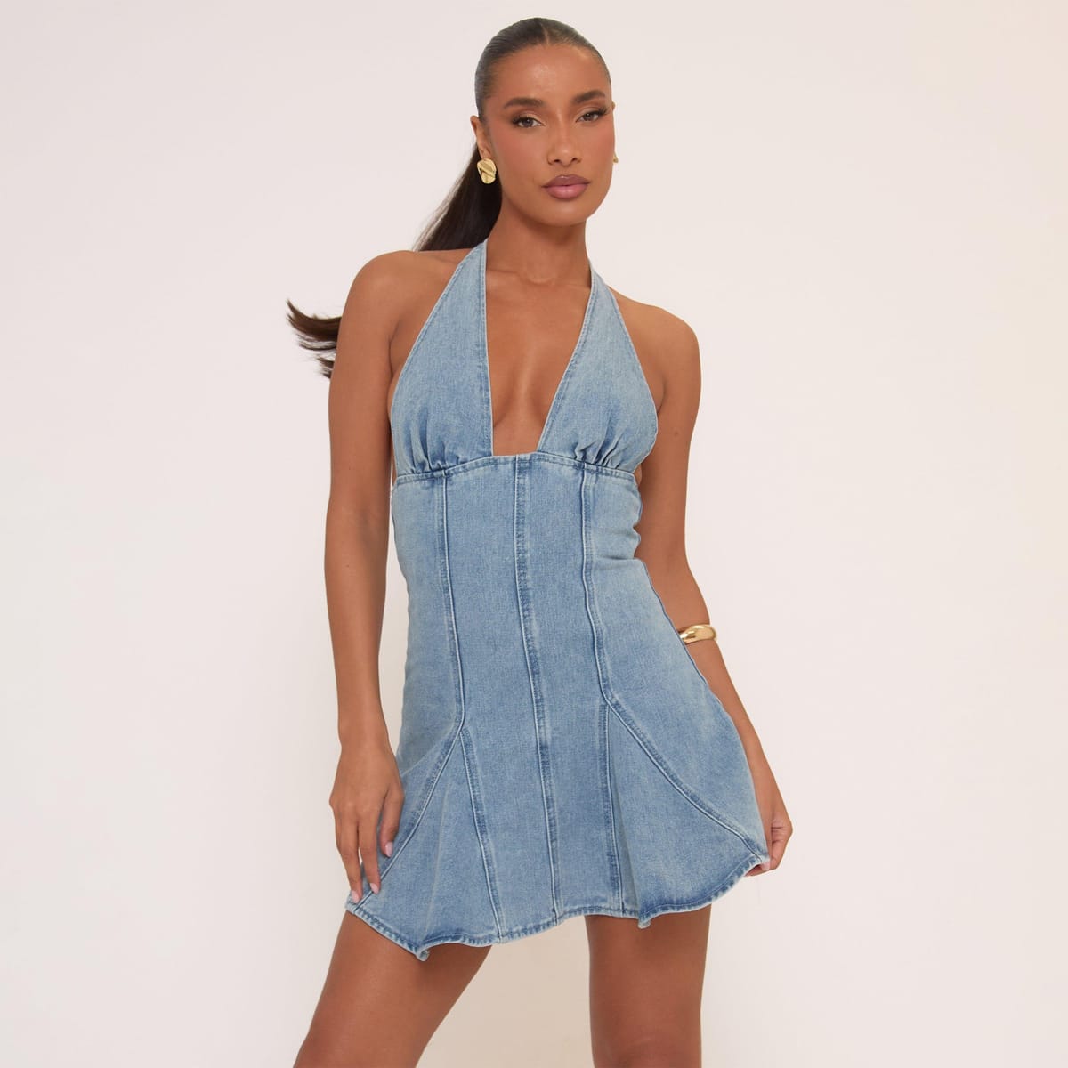 EGO Plunge Neck Skater Mini Dress In Blue Denim, Women's Size UK 6 - 1