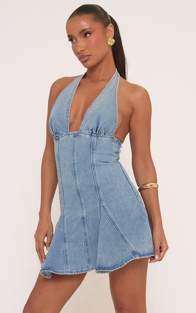 EGO Plunge Neck Skater Mini Dress In Blue Denim, Women's Size UK 6 - 2