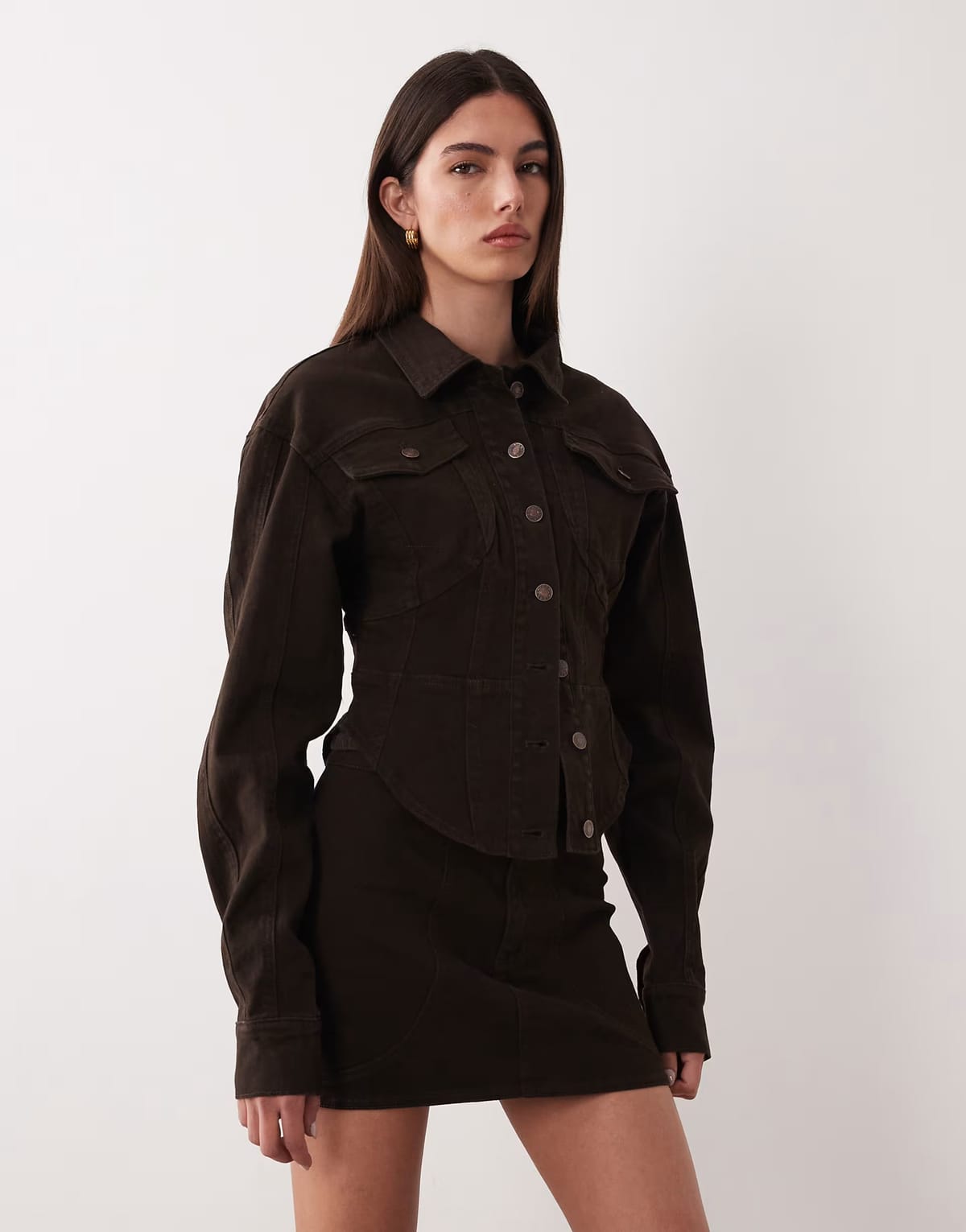ASOS Wanderdoll Alix cinched waist seam detail denim jacket co-ord in mocha - 1