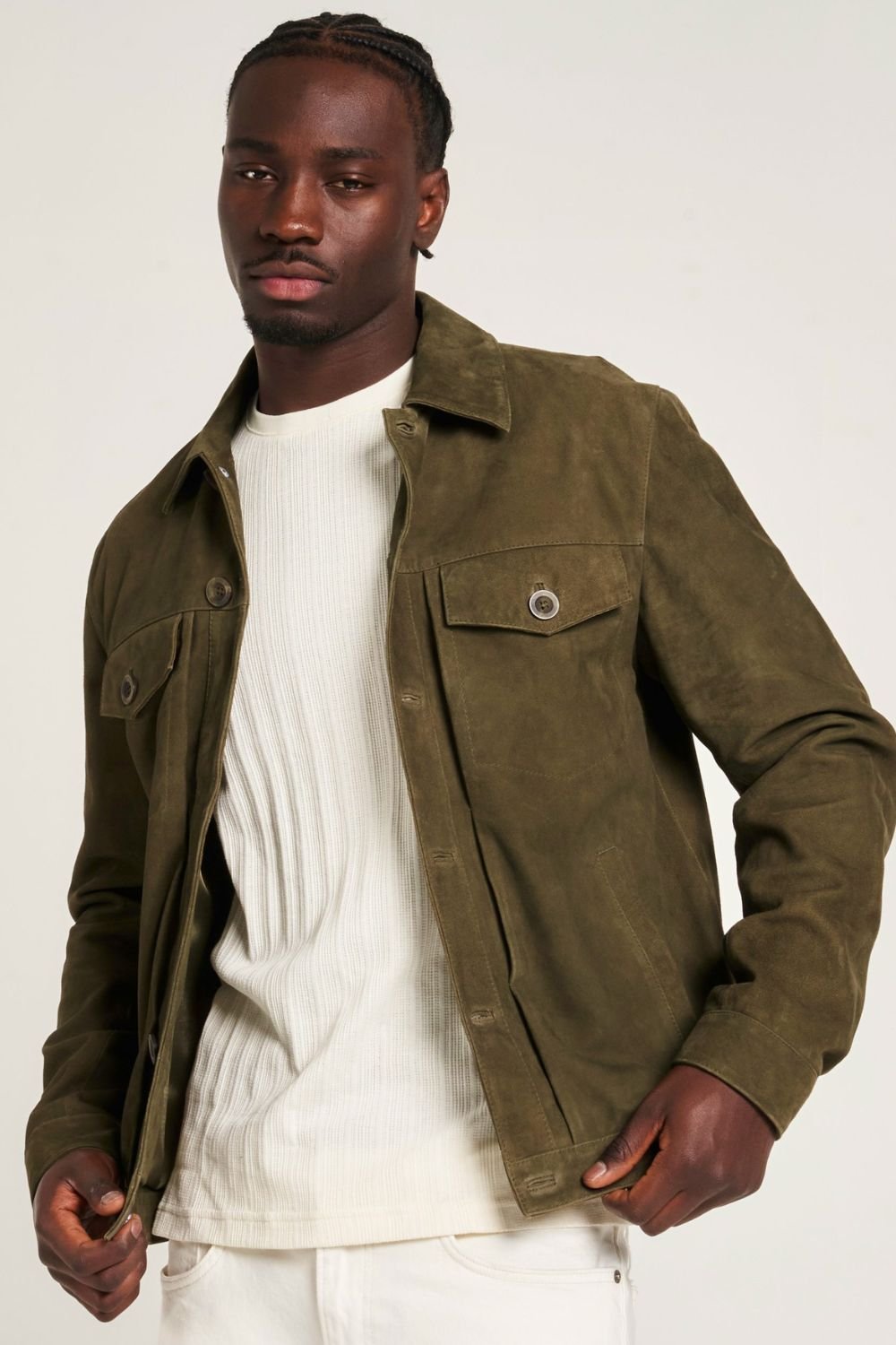 Barneys Originals Barneys Originals Men's Khaki Goat Suede Trucker Jacket - 2