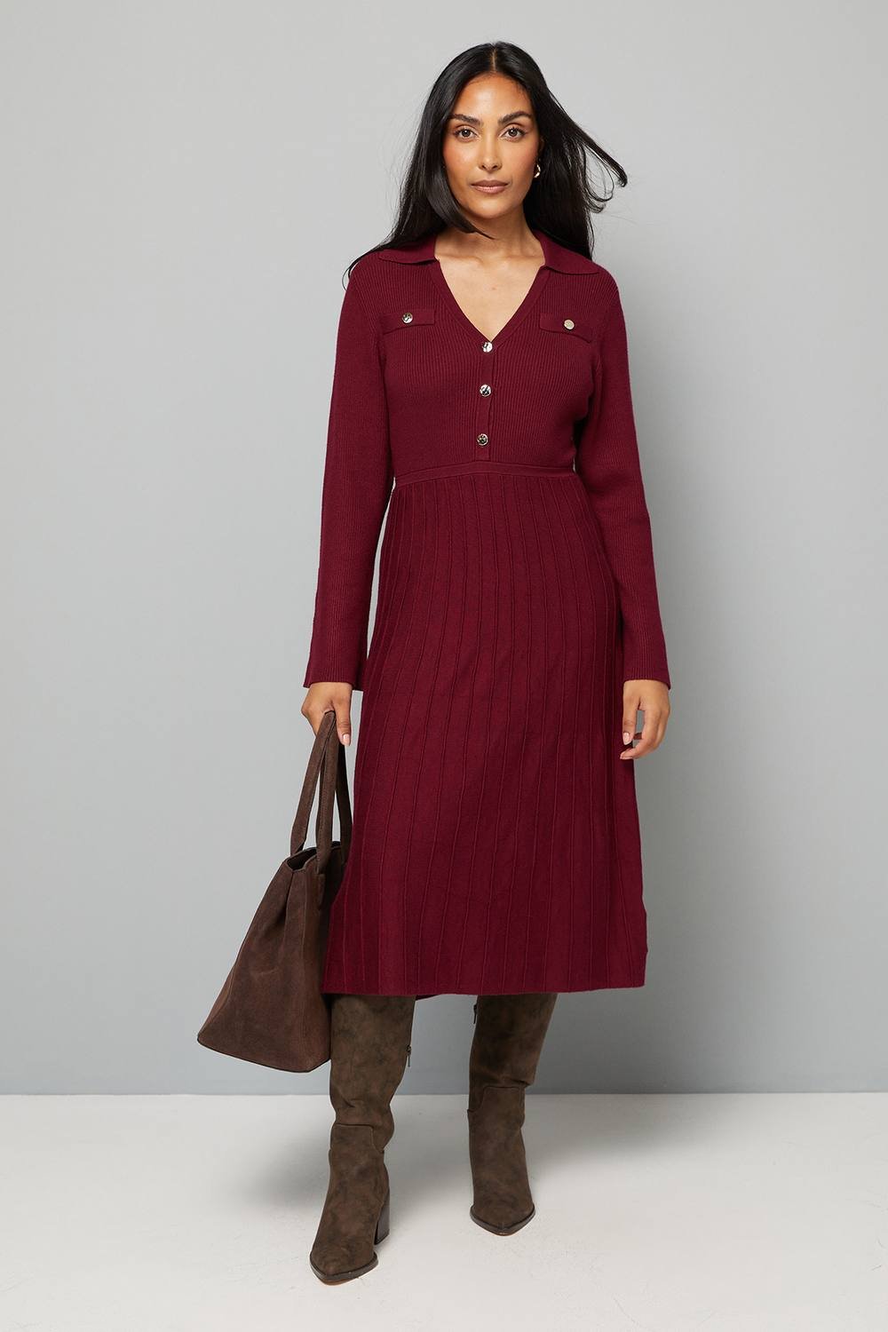 Wallis Wallis Women's Petite Burgundy Statement Button Pleated Knitted Dress - 2