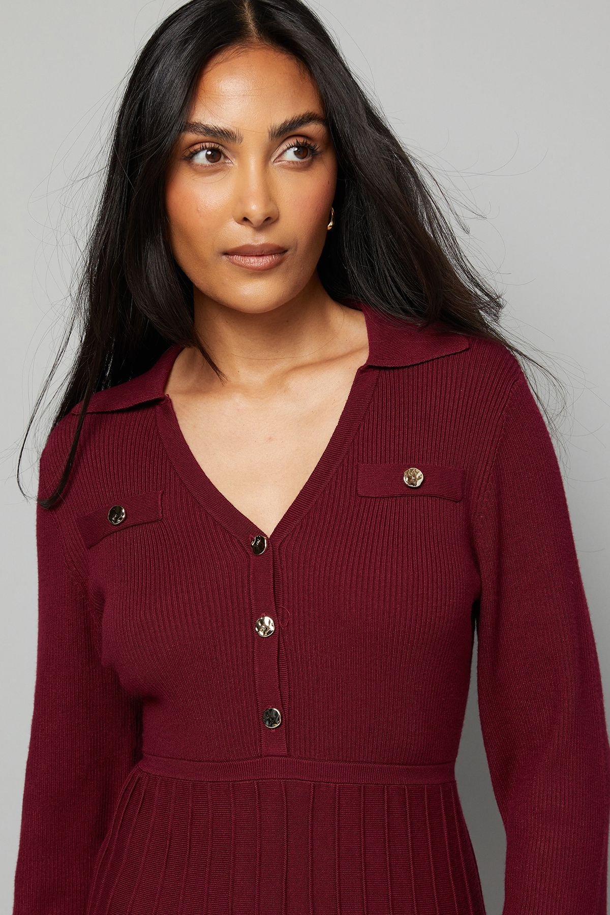 Wallis Wallis Women's Petite Burgundy Statement Button Pleated Knitted Dress - 3