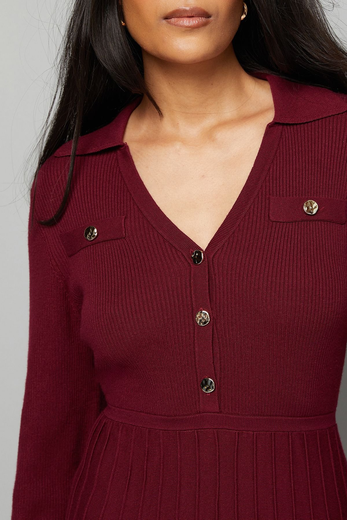 Wallis Wallis Women's Petite Burgundy Statement Button Pleated Knitted Dress - 4