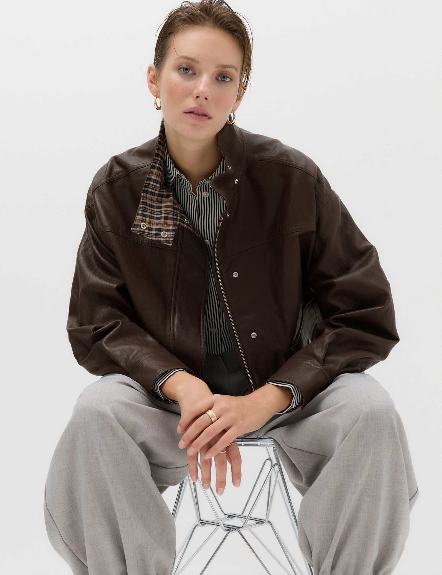 Marks & Spencer M&S Faux Leather Checked Funnel Neck Bomber Jacket Chocolate