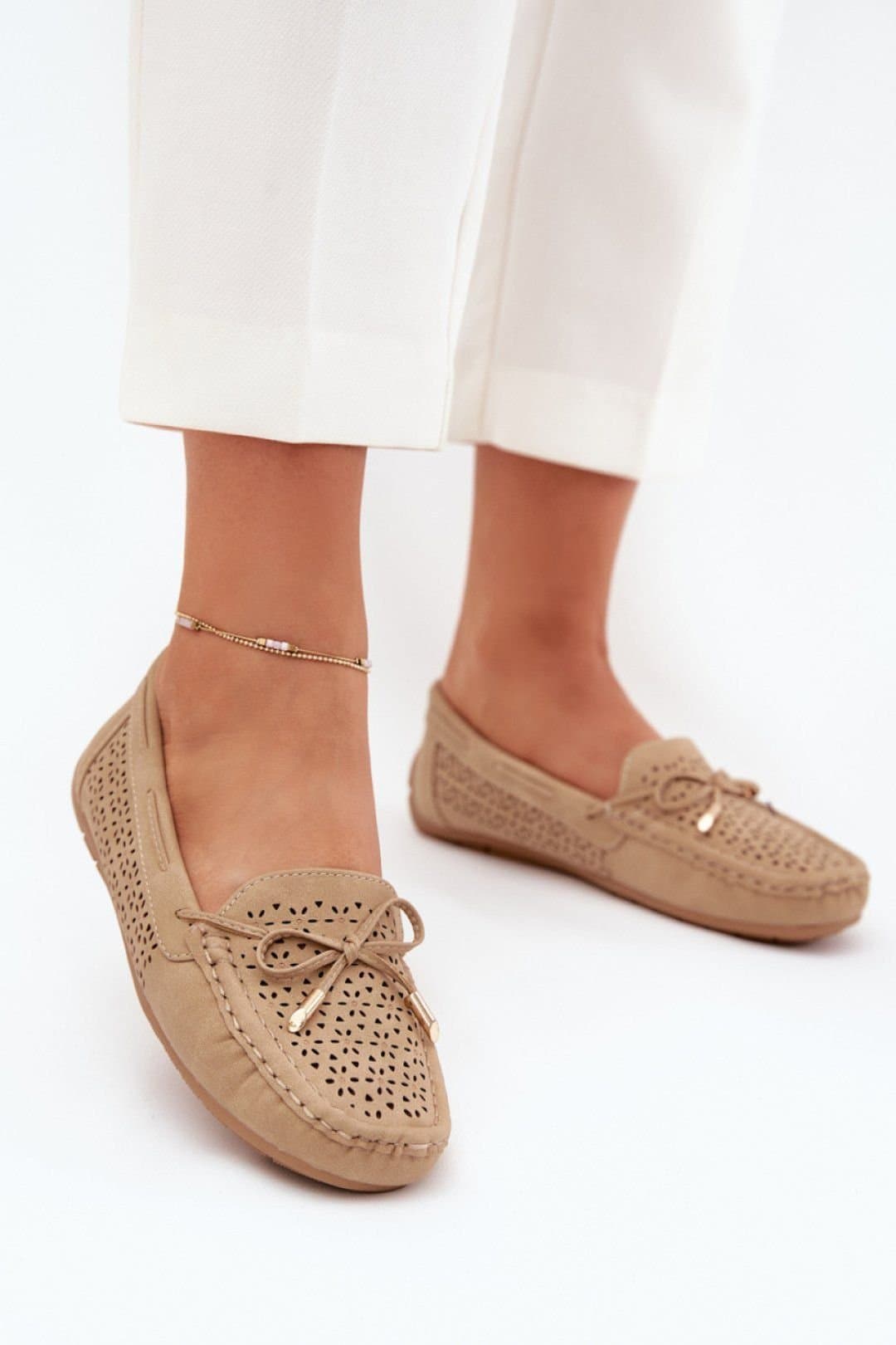Love Lace Love Lace Women's Lace Pattern Bow Detail Loafers with Soft Insole Rounded Toe in Beige