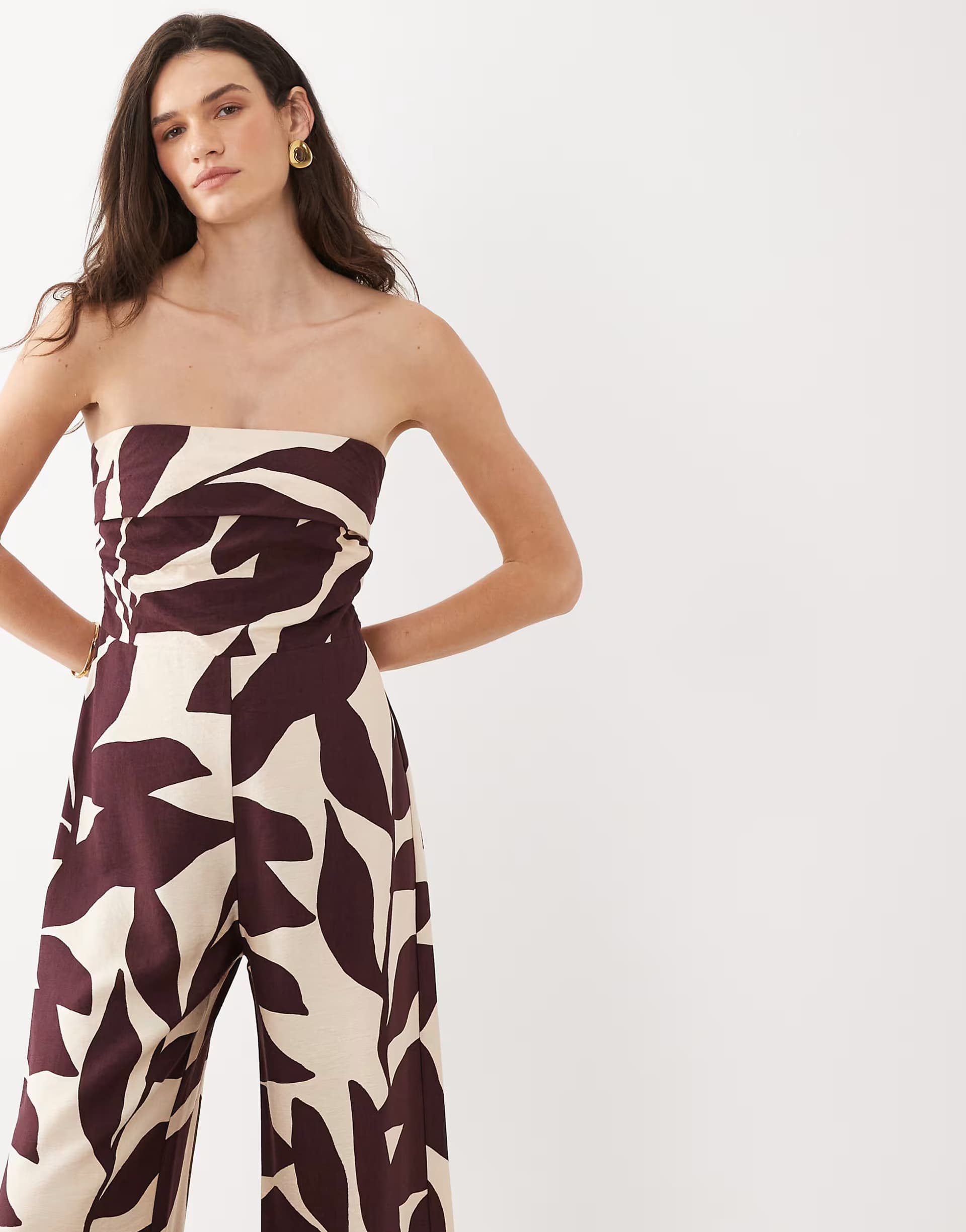 ASOS Mango off shoulder jumpsuit in brown and cream leaf print