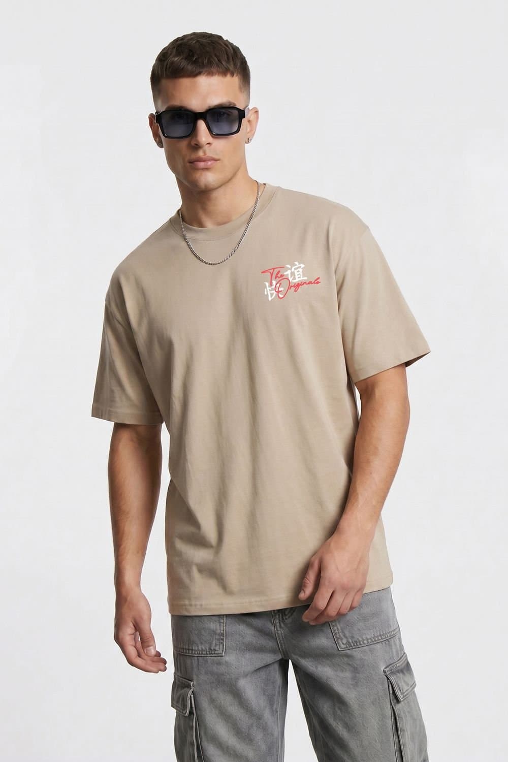 LONDON ATTITUDE LONDON ATTITUDE Men's Tokyo Dragon Premium Cotton Relaxed Fit T-Shirt in Fawn