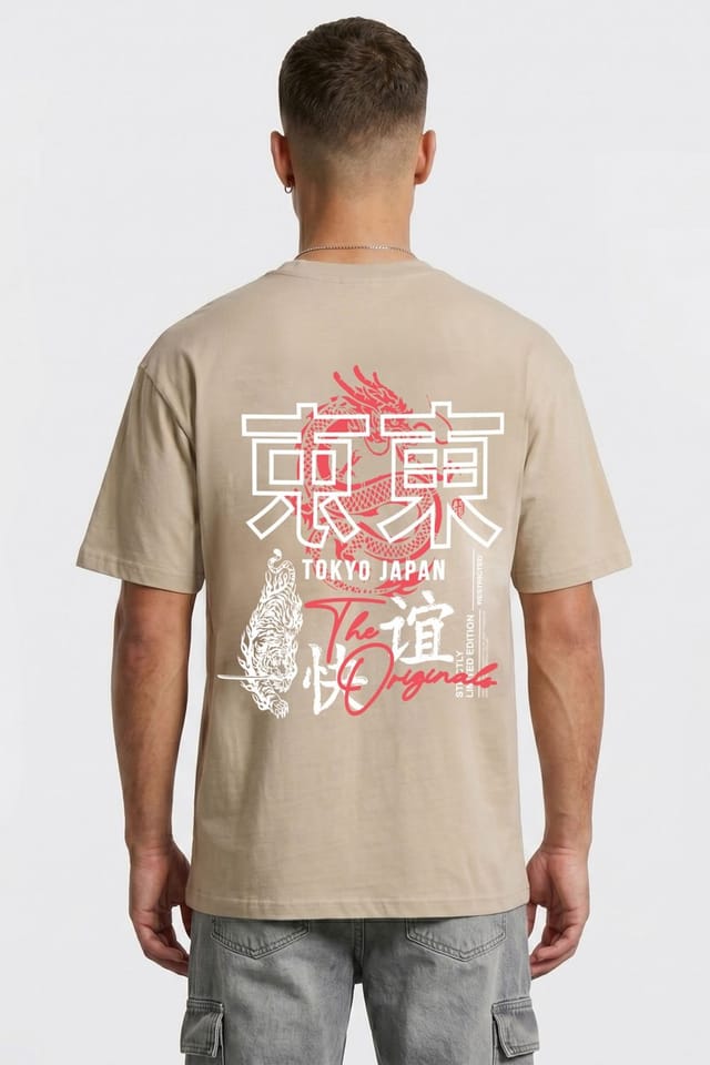 LONDON ATTITUDE LONDON ATTITUDE Men's Tokyo Dragon Premium Cotton Relaxed Fit T-Shirt in Fawn - 2