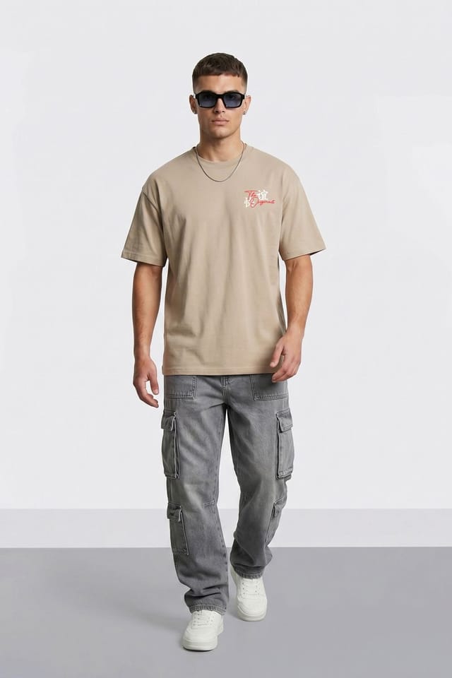 LONDON ATTITUDE LONDON ATTITUDE Men's Tokyo Dragon Premium Cotton Relaxed Fit T-Shirt in Fawn - 3