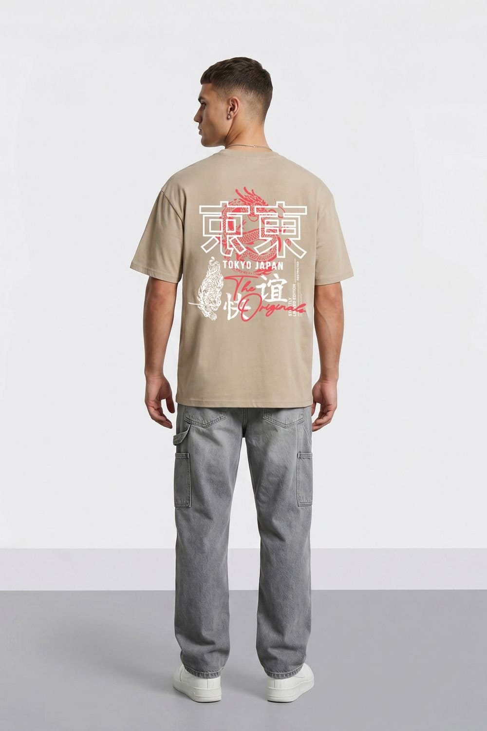 LONDON ATTITUDE LONDON ATTITUDE Men's Tokyo Dragon Premium Cotton Relaxed Fit T-Shirt in Fawn - 4