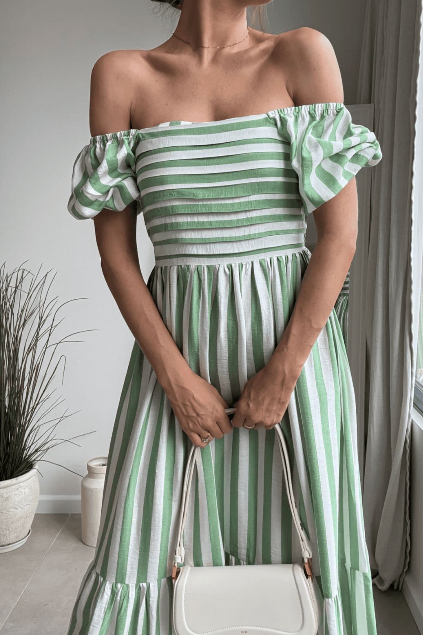 Style Cheat Style Cheat Women's Leighton Puff Sleeve Midi Green Stripe Dress