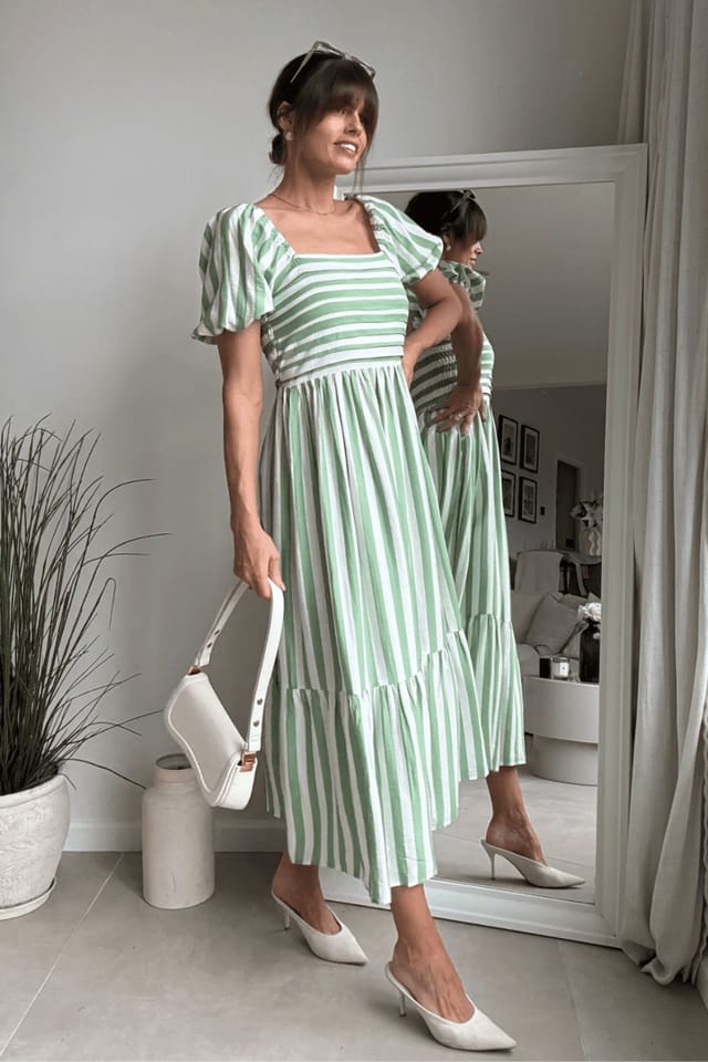 Style Cheat Style Cheat Women's Leighton Puff Sleeve Midi Green Stripe Dress - 2