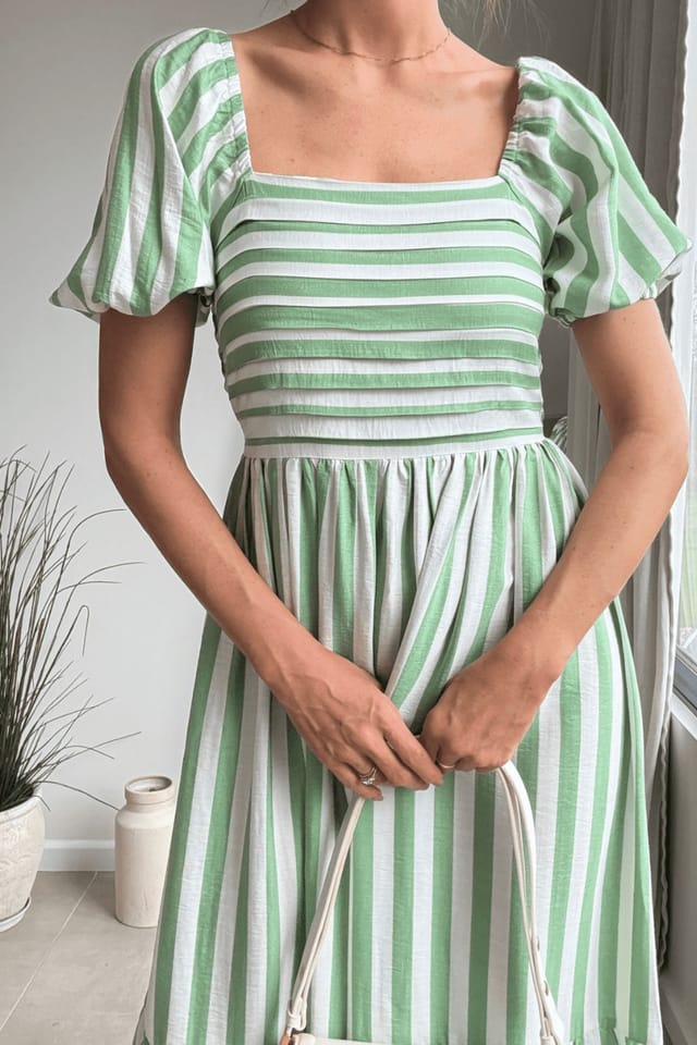 Style Cheat Style Cheat Women's Leighton Puff Sleeve Midi Green Stripe Dress - 3