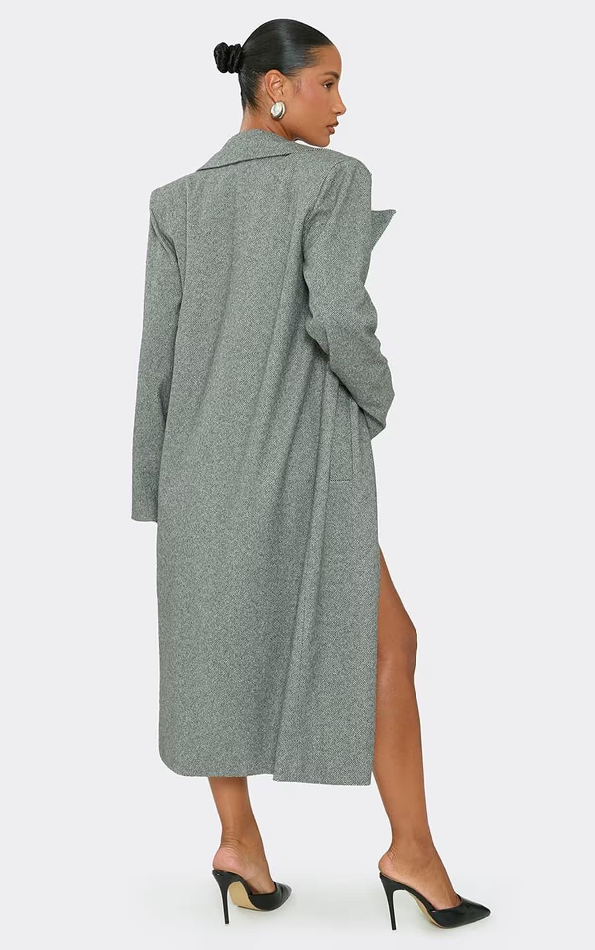EGO Long Sleeve Button Front Oversized Maxi Coat In Charcoal Wool Look, Women's Size UK 6