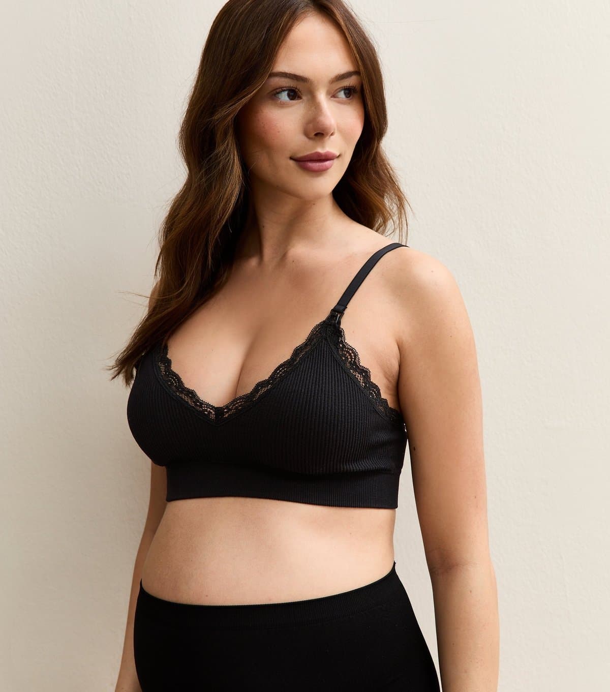 New Look Women's Maternity Black Lace Trim Ribbed Seamless Nursing Bra New Look