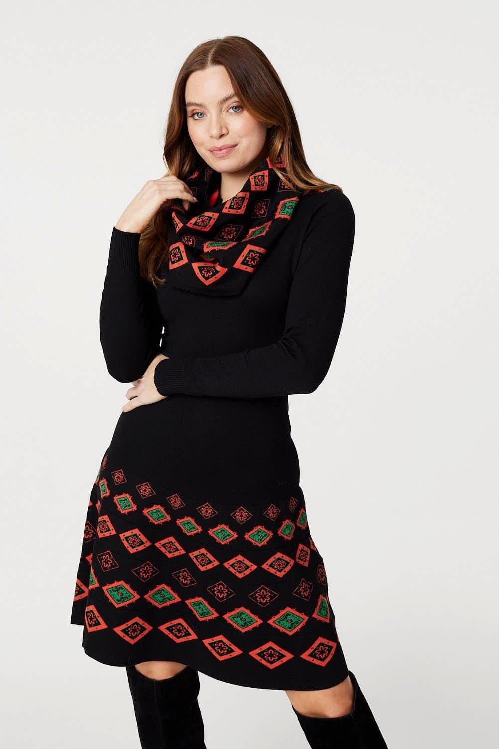 Izabel London Izabel London Women's Printed Fit & Flare Knit Dress in Black