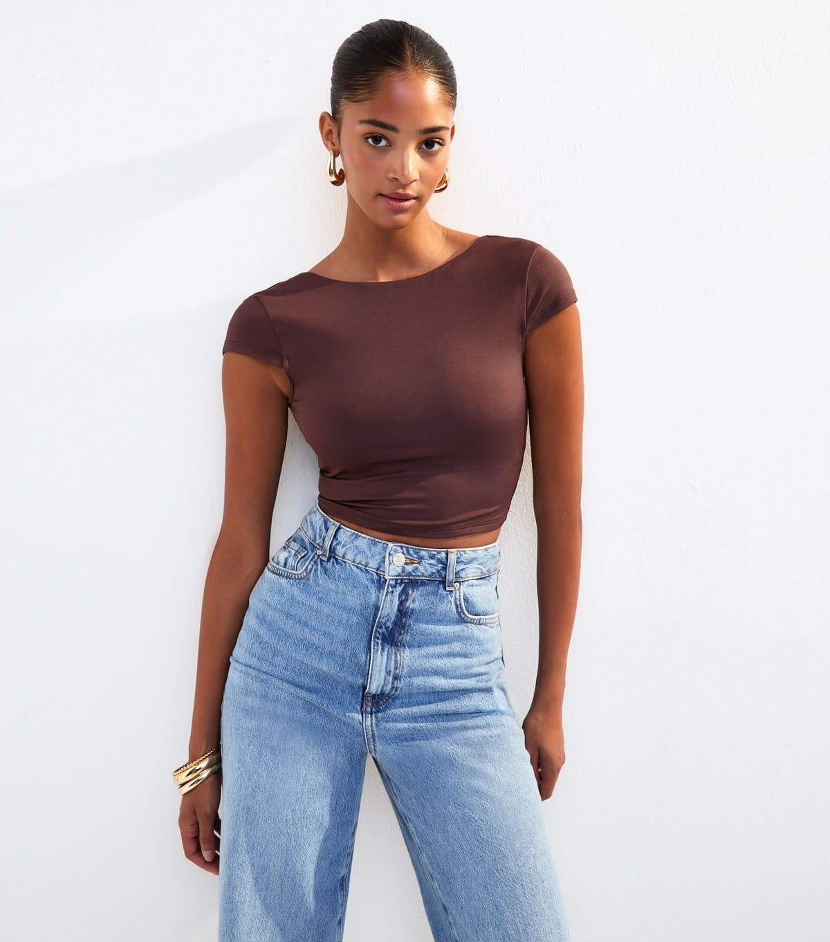 New Look New Look Dark Brown Scoop Back Jersey Cropped T-Shirt