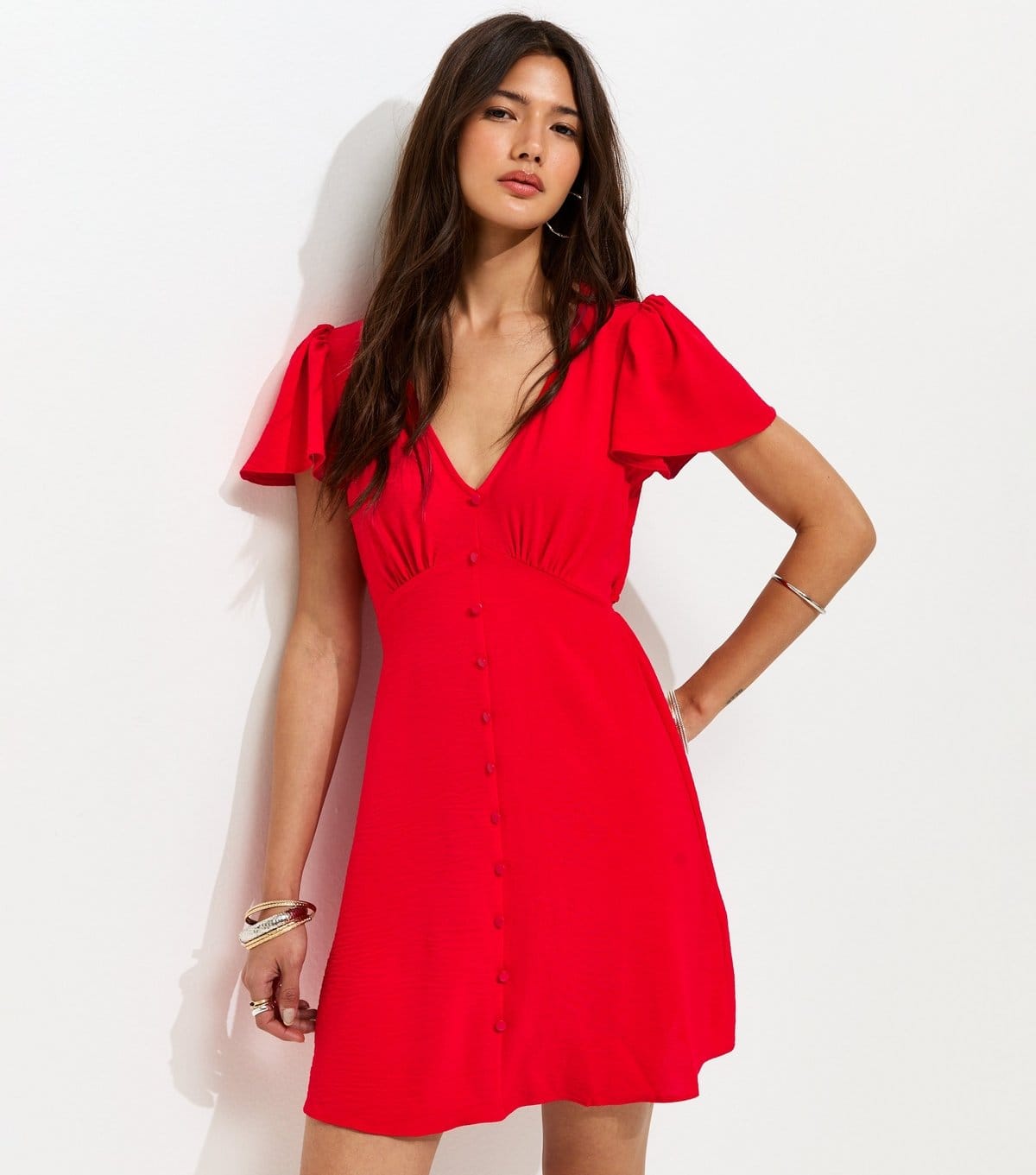 New Look Bright Red Flutter Sleeve Mini Tea Dress