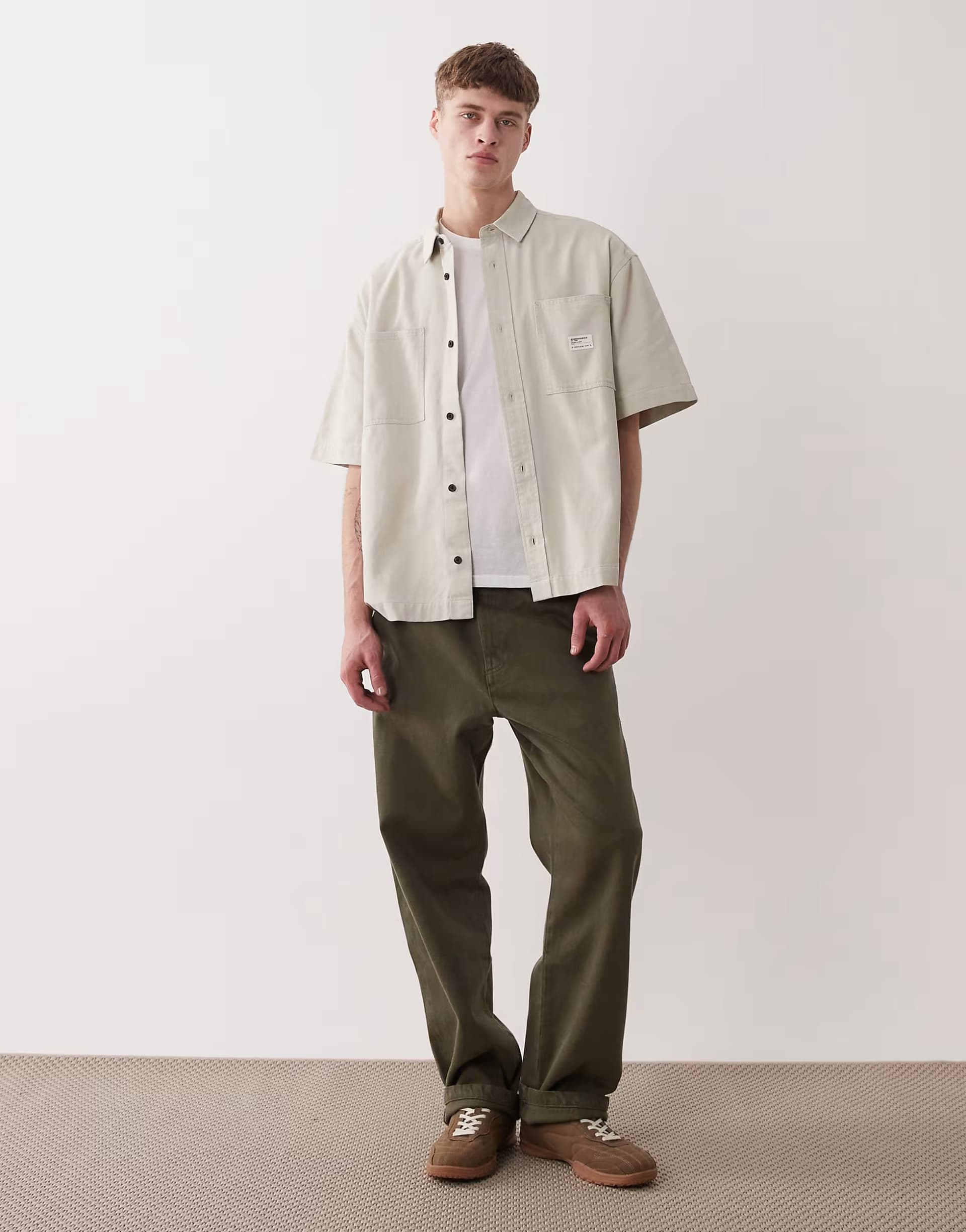 ASOS ASOS DESIGN oversized shirt with workwear badge in stone