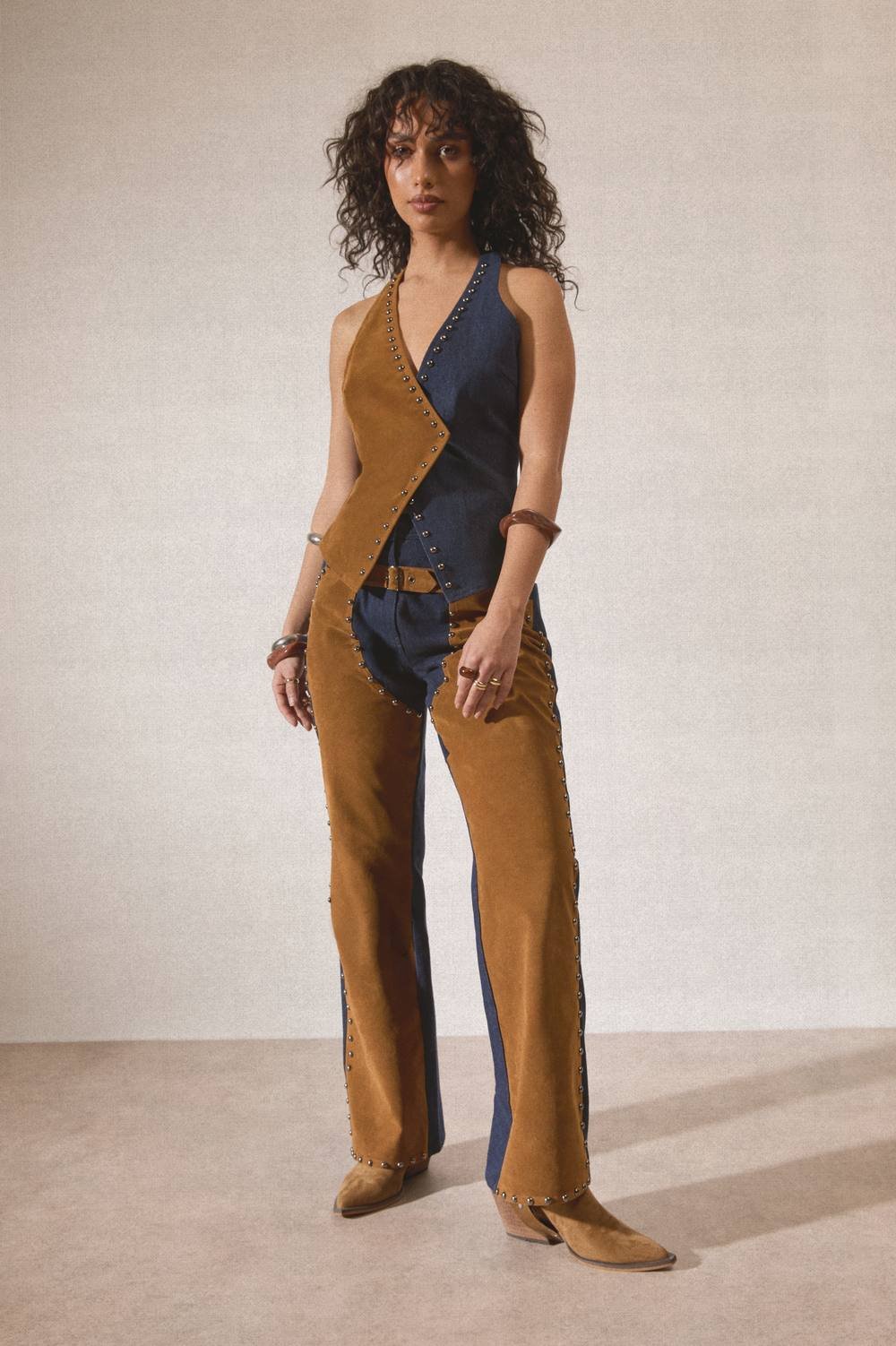 NastyGal NastyGal Women's Denim Studded Suedette Mix Chap Jean Co-Ord in Indigo - 2