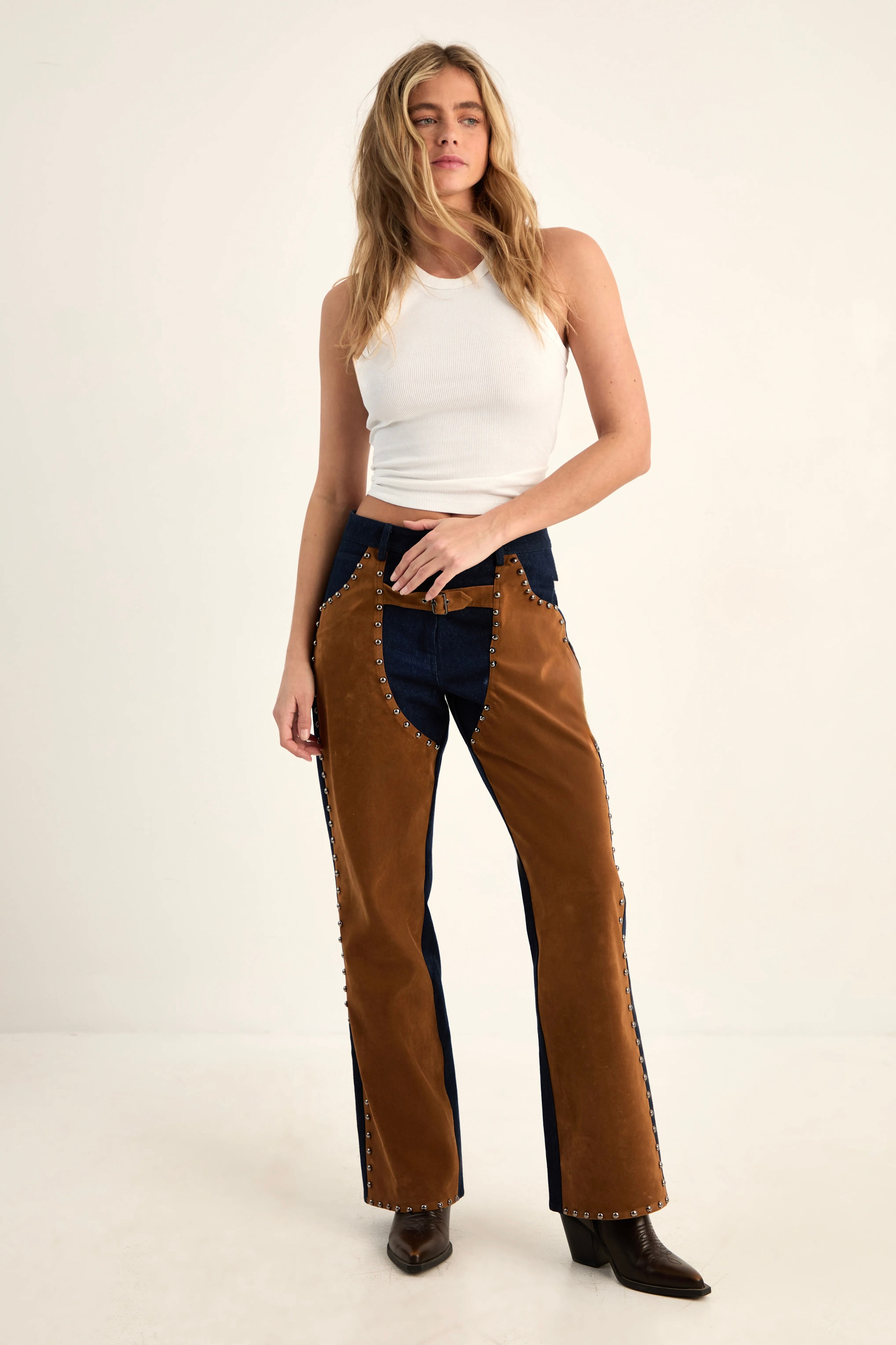 NastyGal NastyGal Women's Denim Studded Suedette Mix Chap Jean Co-Ord in Indigo - 3