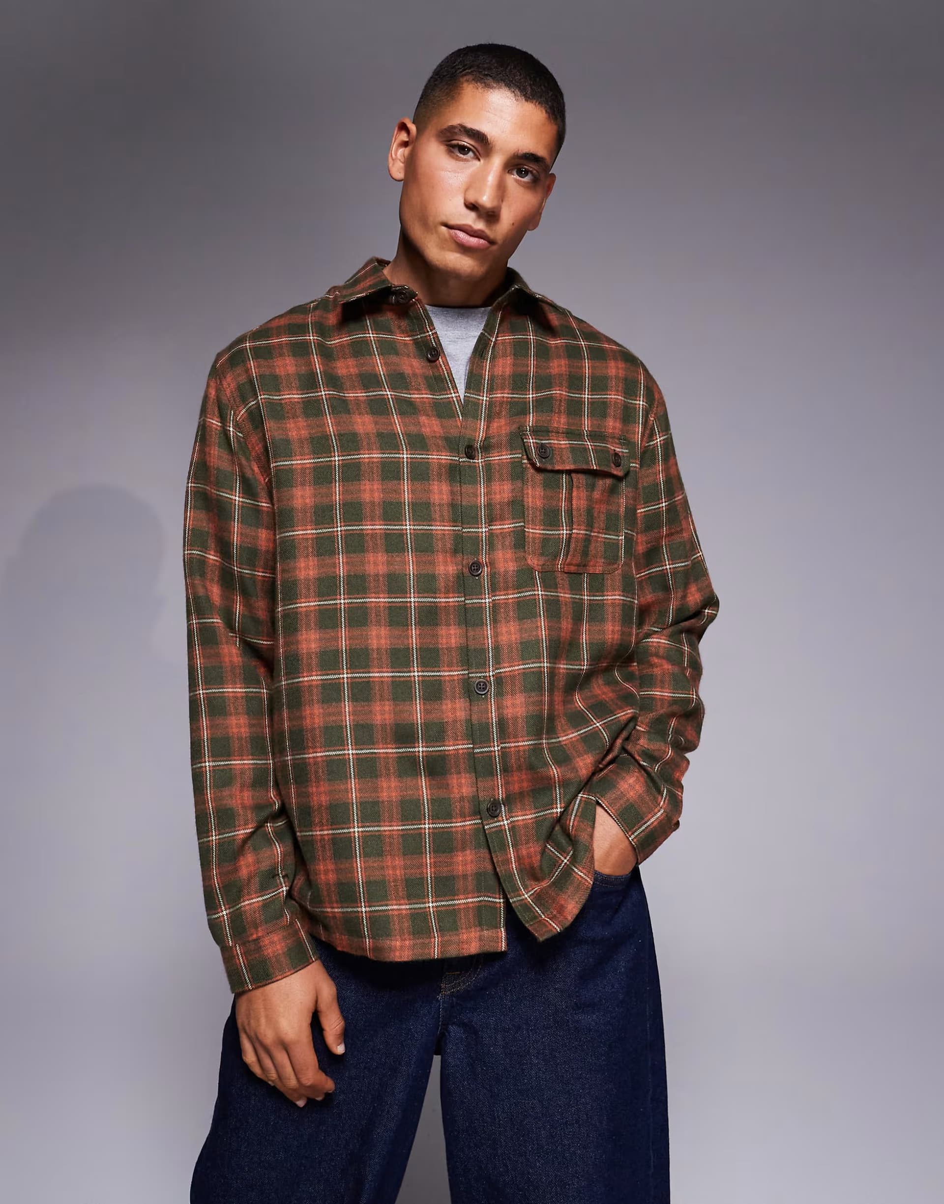 ASOS ASOS DESIGN relaxed check shirt with patch pocket in rust
