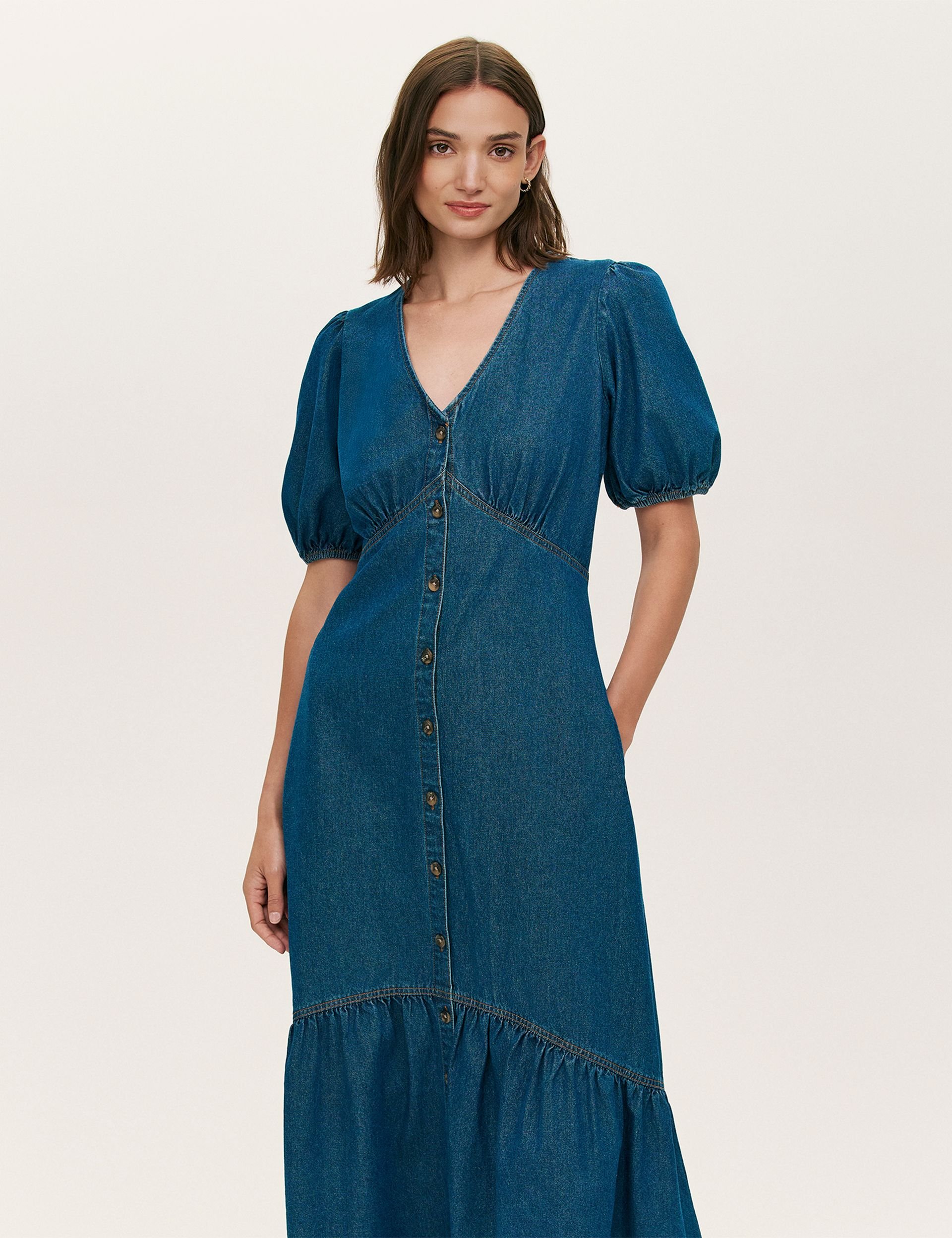 Finery London Finery London Women's Goldie Denim Midi Dress in Mid Blue - 2