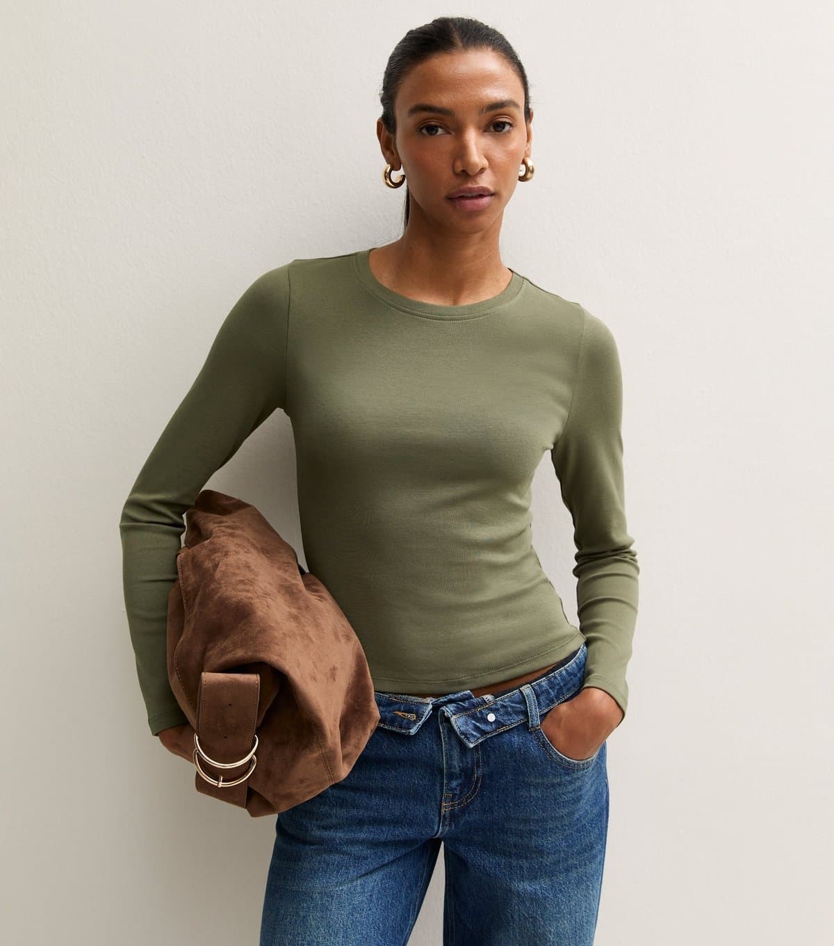 New Look Women's Dark Khaki Cotton Rich Long Sleeve Baby Tee New Look