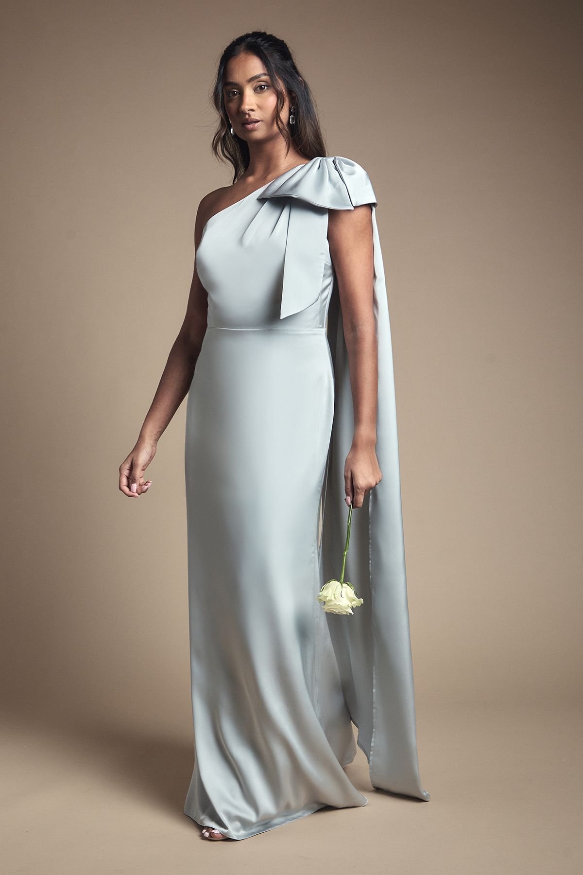 Coast Coast Women's Bow & Drape Detail One Shoulder Satin Bridesmaid Dress in Sage - 2