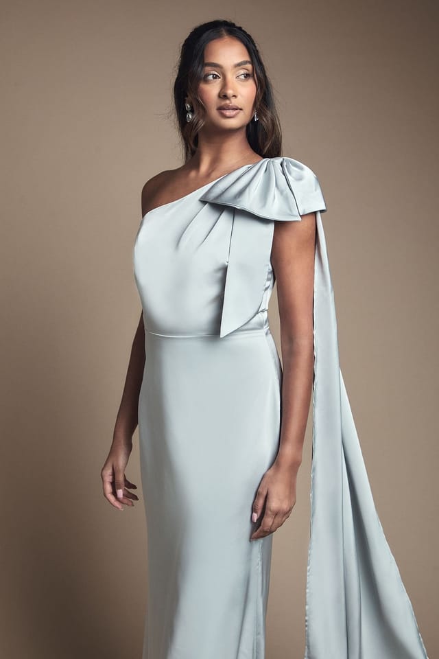 Coast Coast Women's Bow & Drape Detail One Shoulder Satin Bridesmaid Dress in Sage - 2