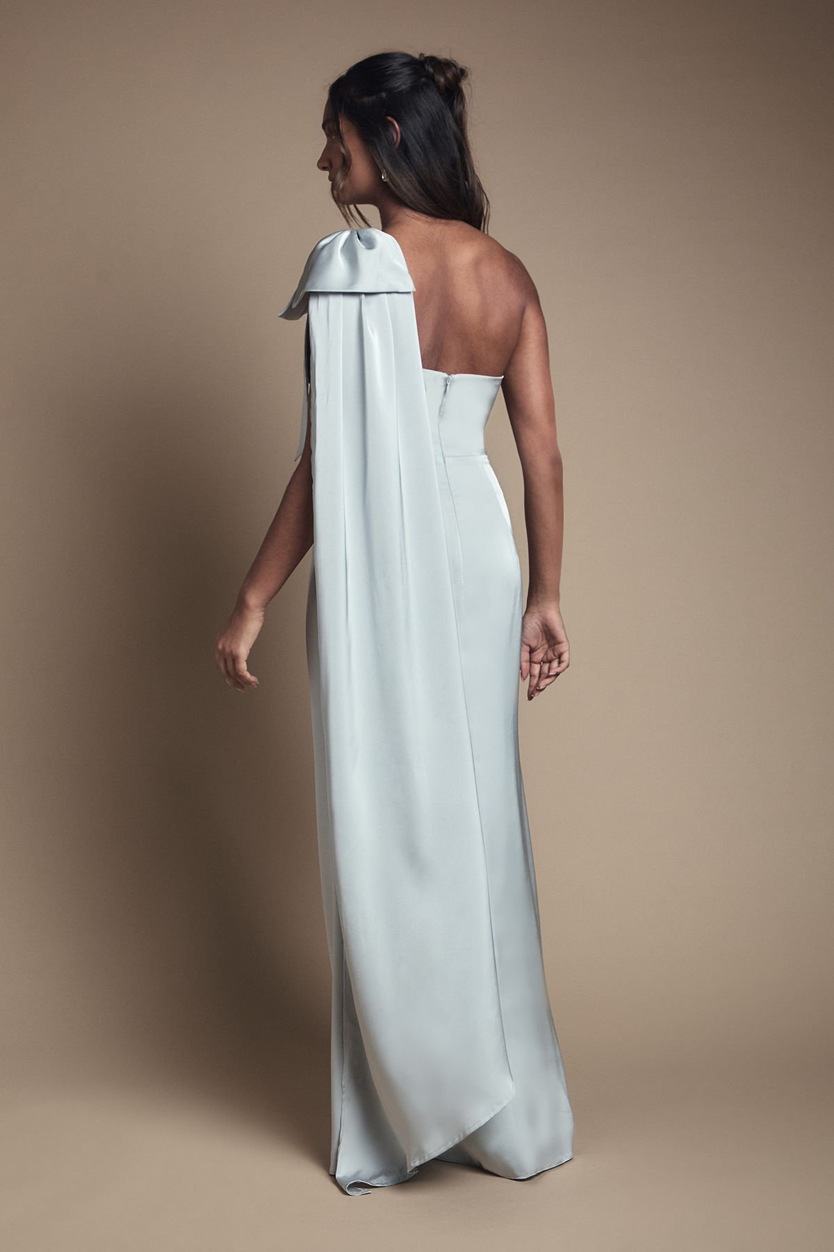 Coast Coast Women's Bow & Drape Detail One Shoulder Satin Bridesmaid Dress in Sage - 3