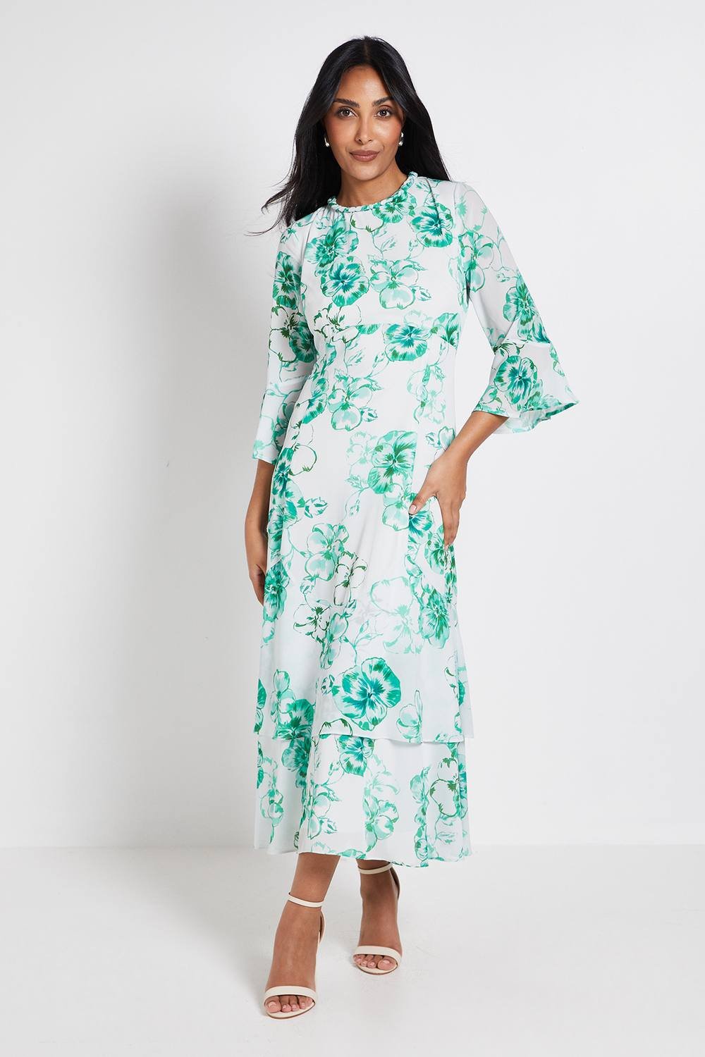 Wallis Wallis Women's Petite Floral Neck Trim Ruffle Midi Dress in Green - 2