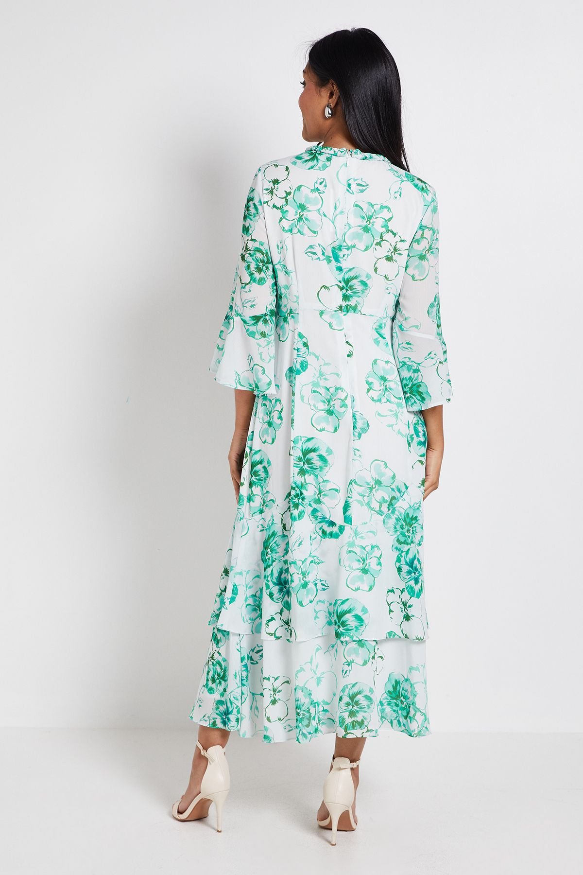 Wallis Wallis Women's Petite Floral Neck Trim Ruffle Midi Dress in Green - 3