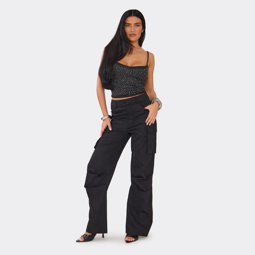 EGO Mid Rise Pocket Detail Utility Trousers In Black, Women's Size UK 6 - 1