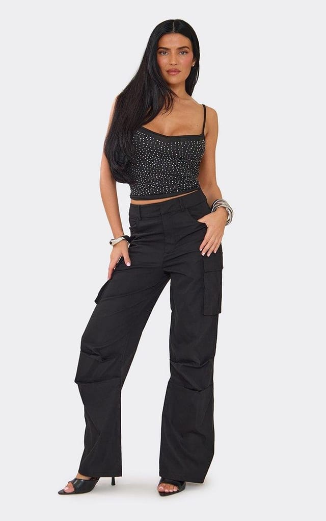 EGO Mid Rise Pocket Detail Utility Trousers In Black, Women's Size UK 6 - 2