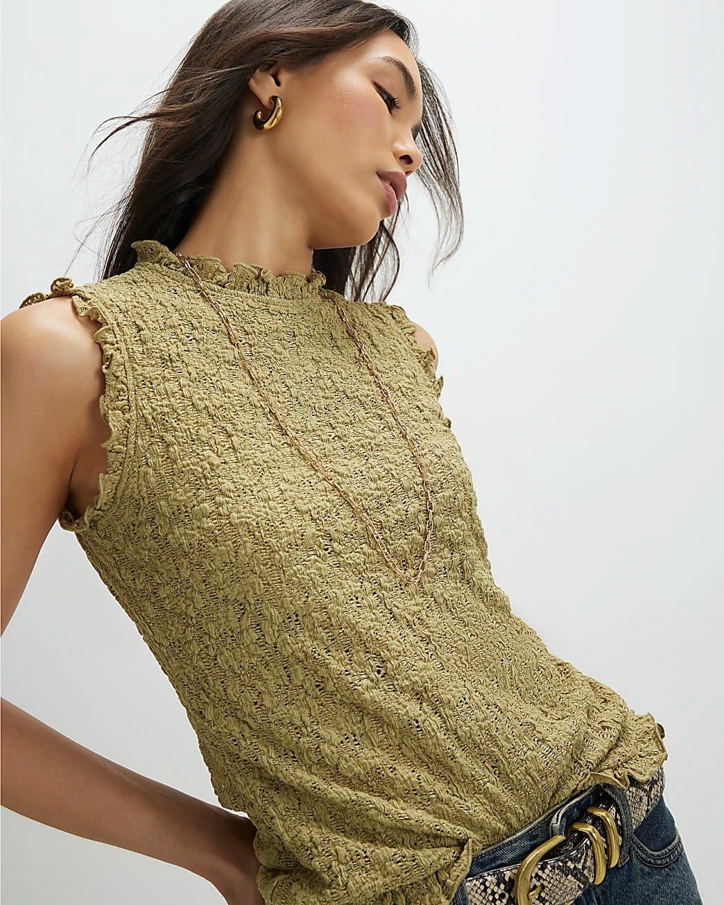 River Island River Island Womens Khaki Sleeveless Lettuce Trim Textured Top