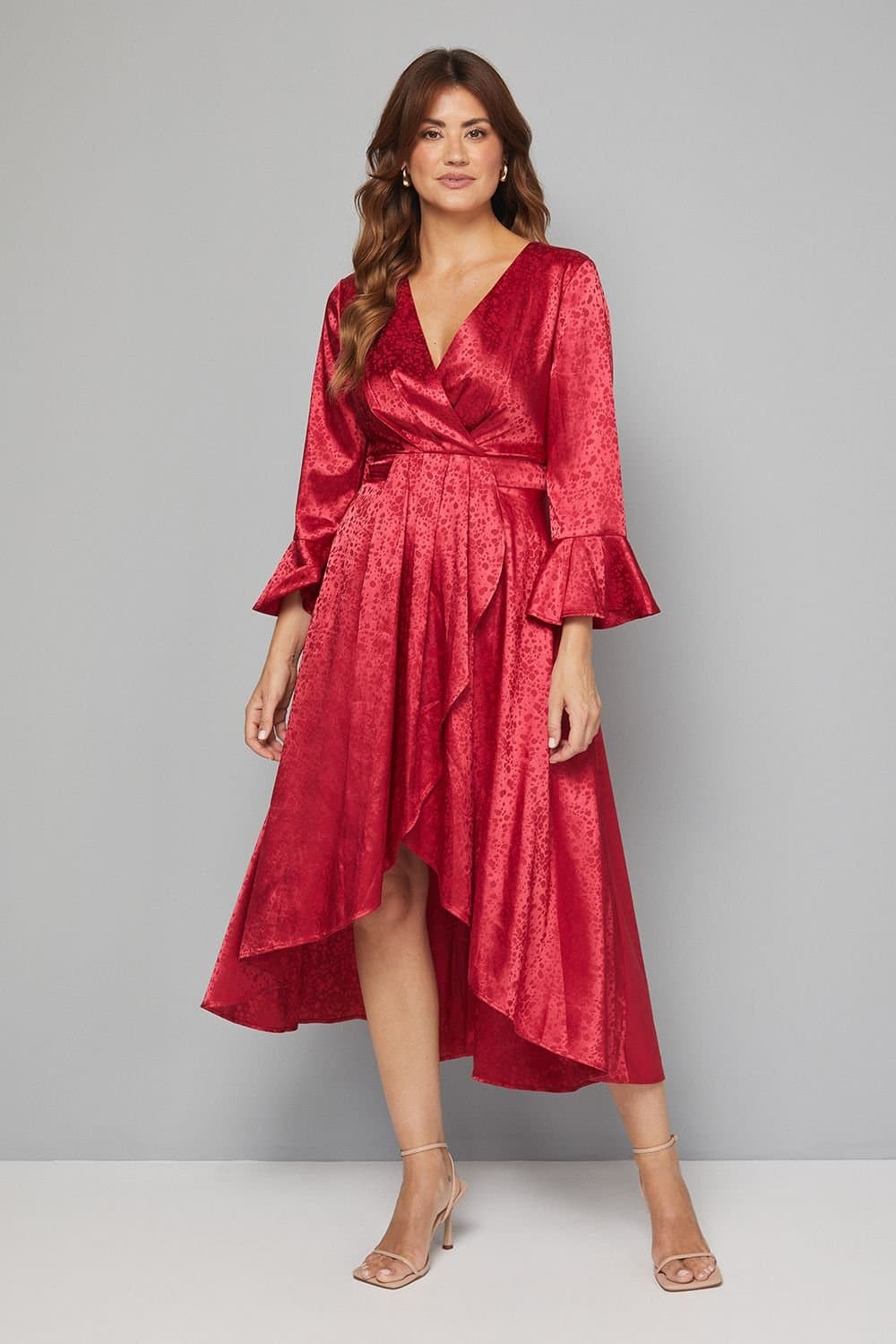 Wallis Wallis Women's Satin Jacquard Wrap Ruffle Dress in Wine