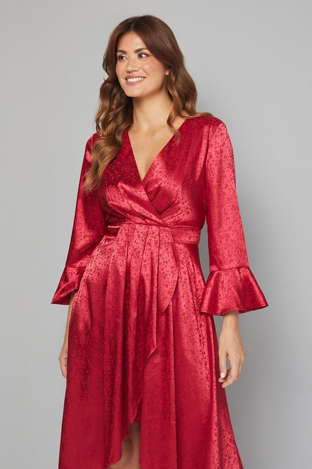 Wallis Wallis Women's Satin Jacquard Wrap Ruffle Dress in Wine - 2