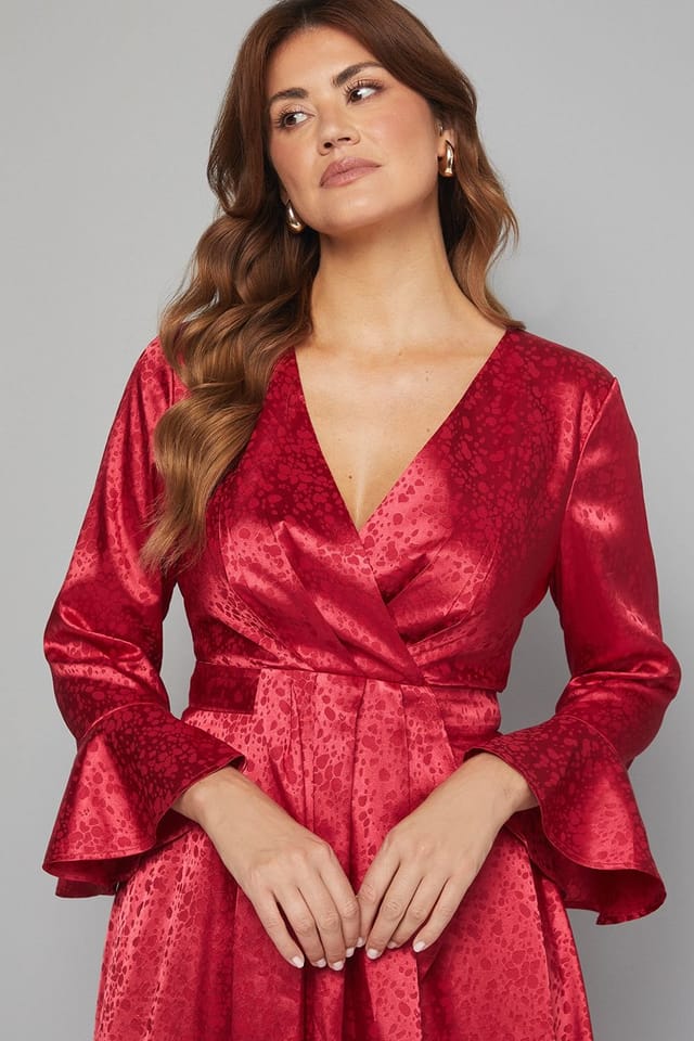 Wallis Wallis Women's Satin Jacquard Wrap Ruffle Dress in Wine - 3