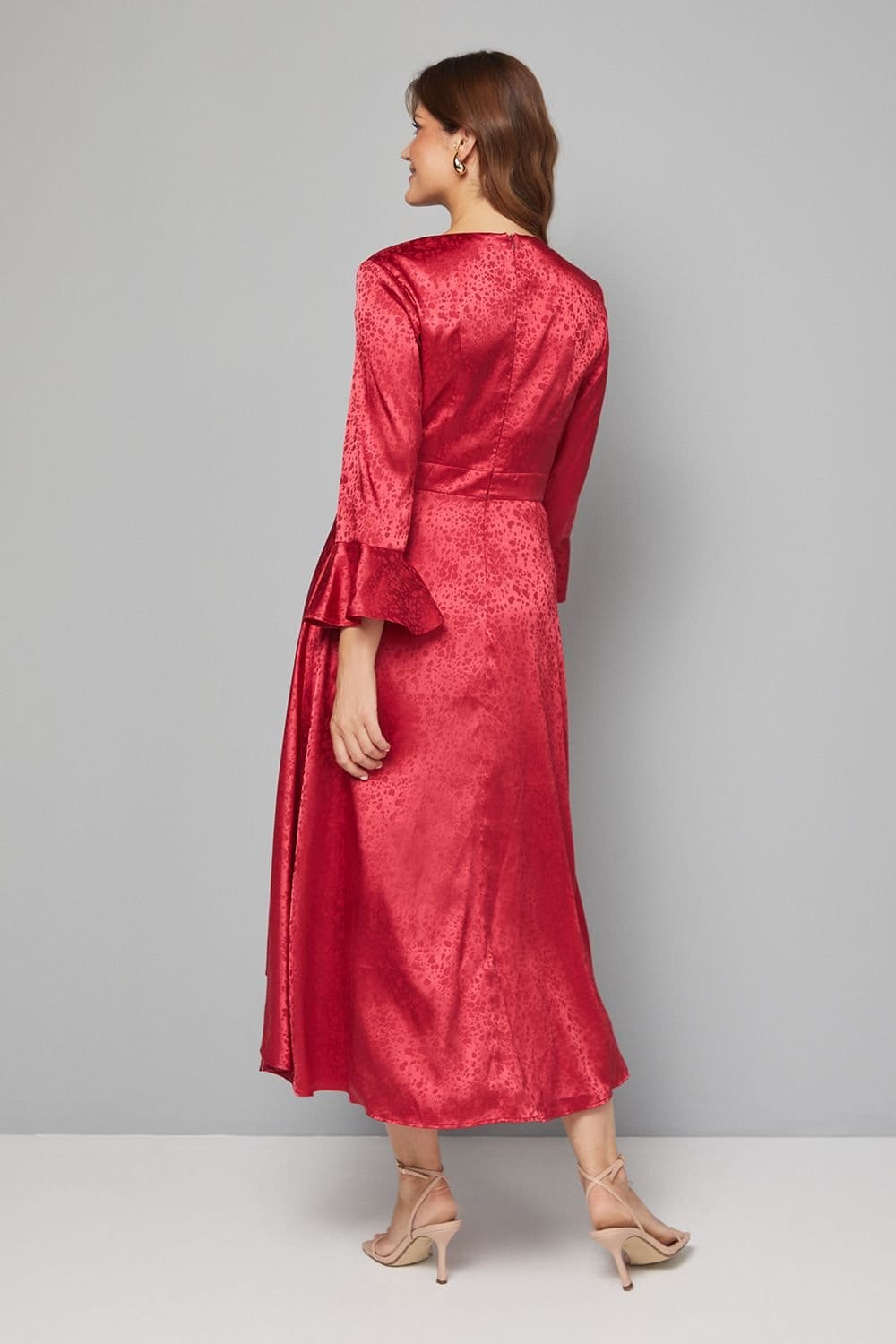 Wallis Wallis Women's Satin Jacquard Wrap Ruffle Dress in Wine - 4