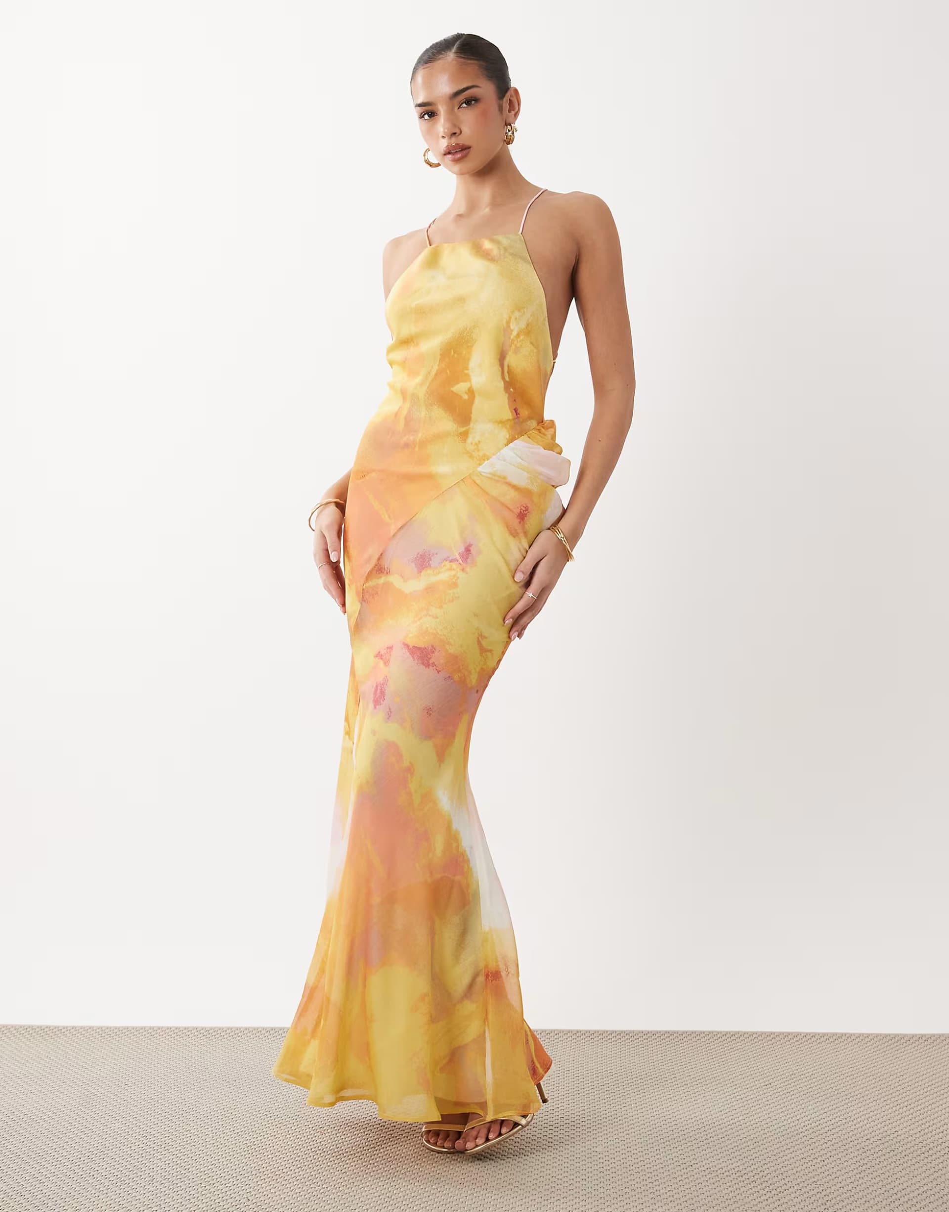 ASOS ASOS DESIGN square neck satin chiffon mix maxi dress in yellow abstract